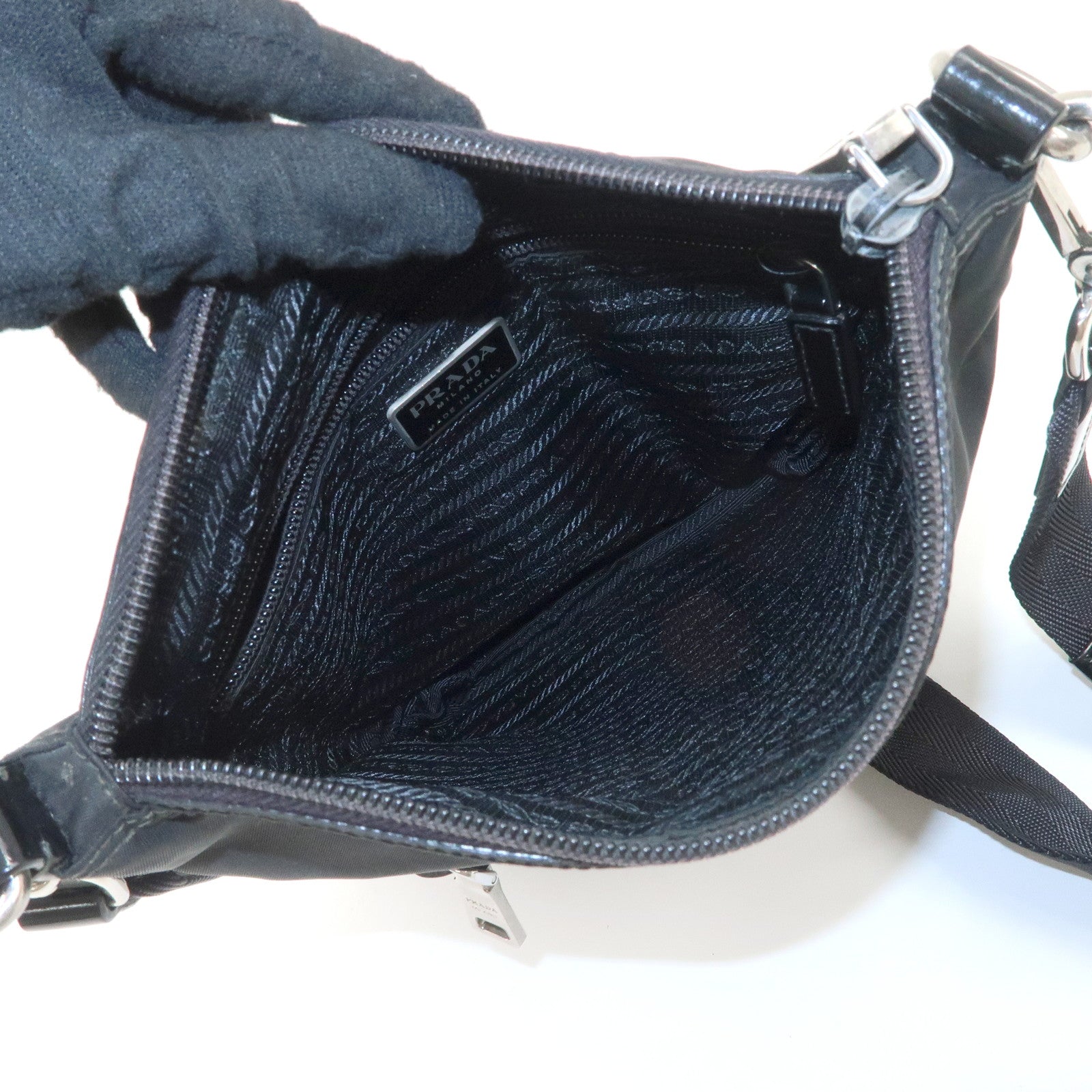 PRADA Triangle Logo Nylon Patent Leather Shoulder Bag Black Used