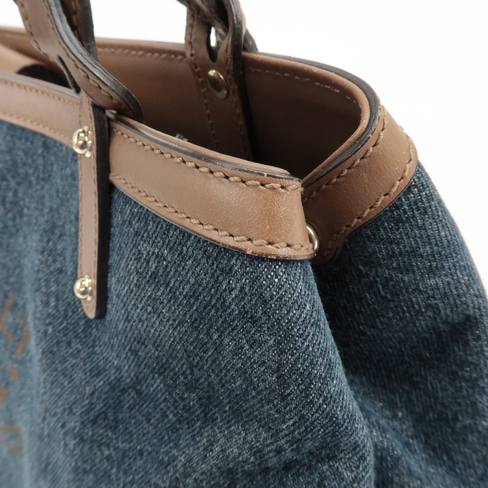 GUCCI Craft Denim Leather Tote Bag Hand Bag Navy Brown 348715 Used