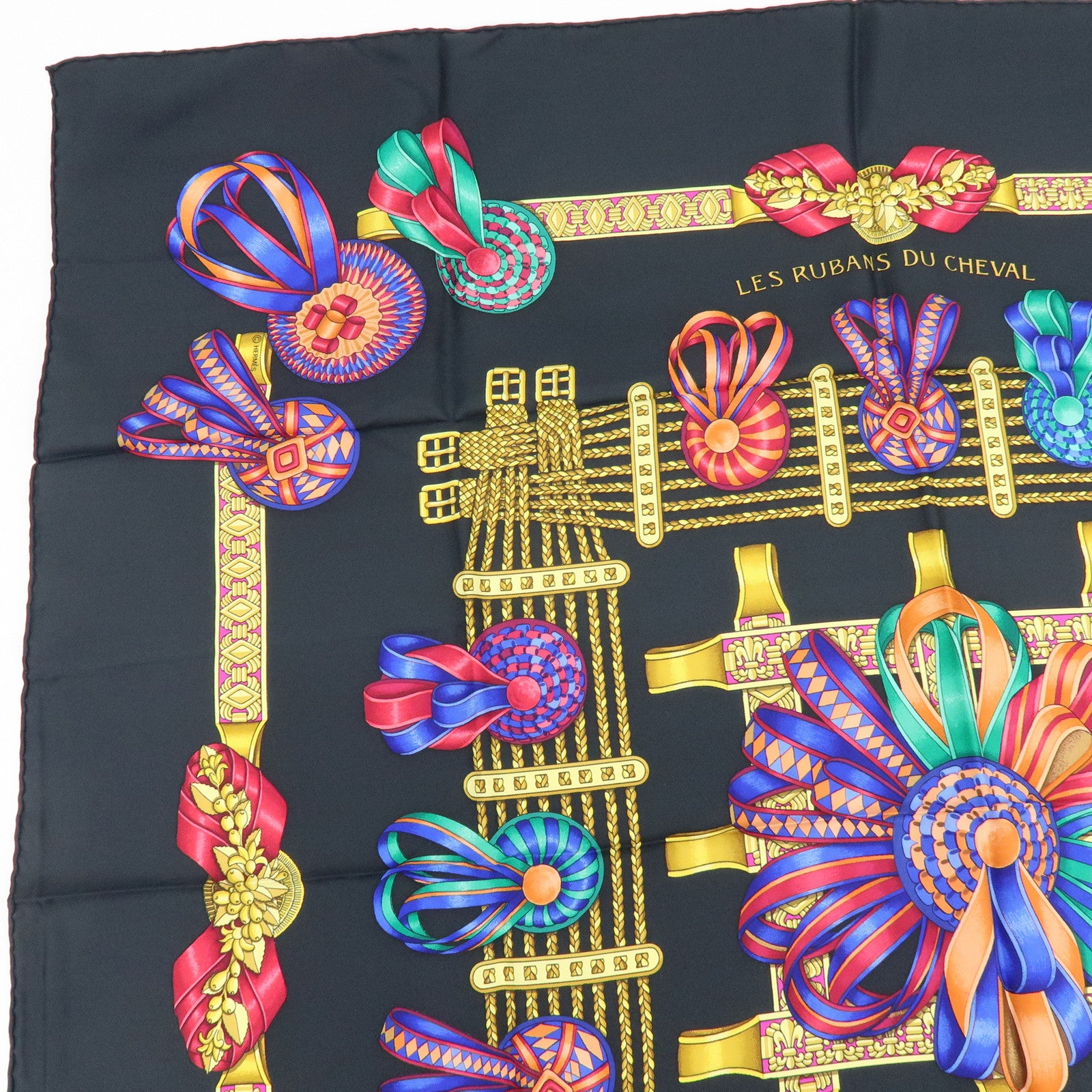 HERMES Carre 90 Silk 100% Scarf LES RUBANS DU CHEVAL Black
