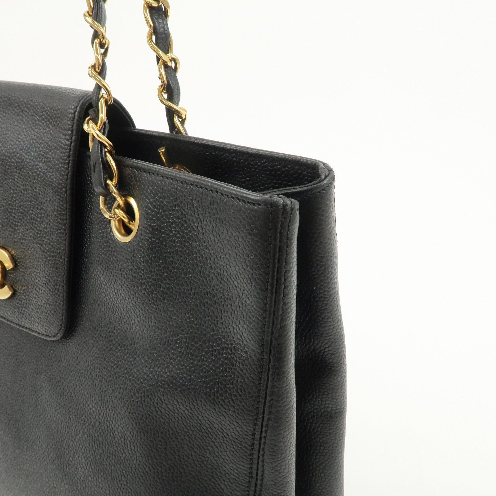 CHANEL COCO Mark Caviarskin Chain Tote Bag Shoulder Bag Black Gold