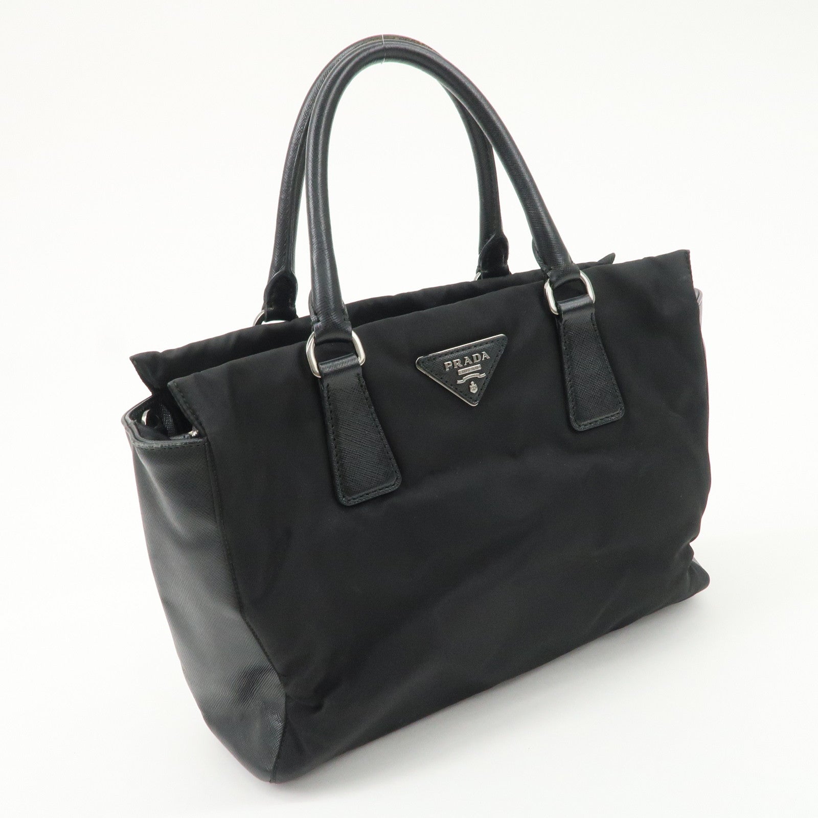 PRADA Triangle Logo Leather Nylon 2Way Bag Hand Bag Black Gold HDW Used