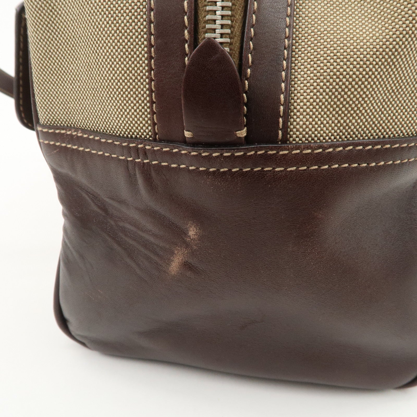 PRADA Logo Jacquard Leather Boston Bag Shoulder Bag Beige BL0260 Used