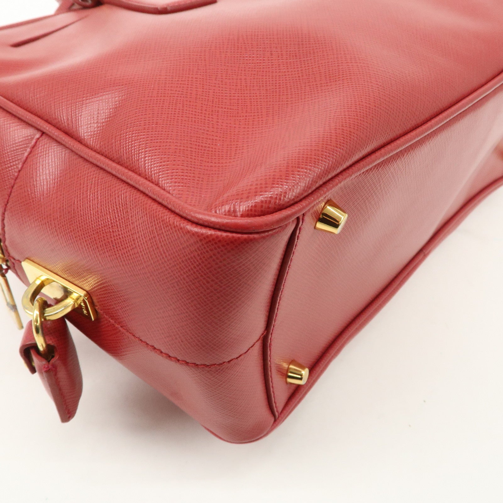 PRADA Triangle Logo Saffiano Leather Boston Bag Hand Bag Red BL0095 Used