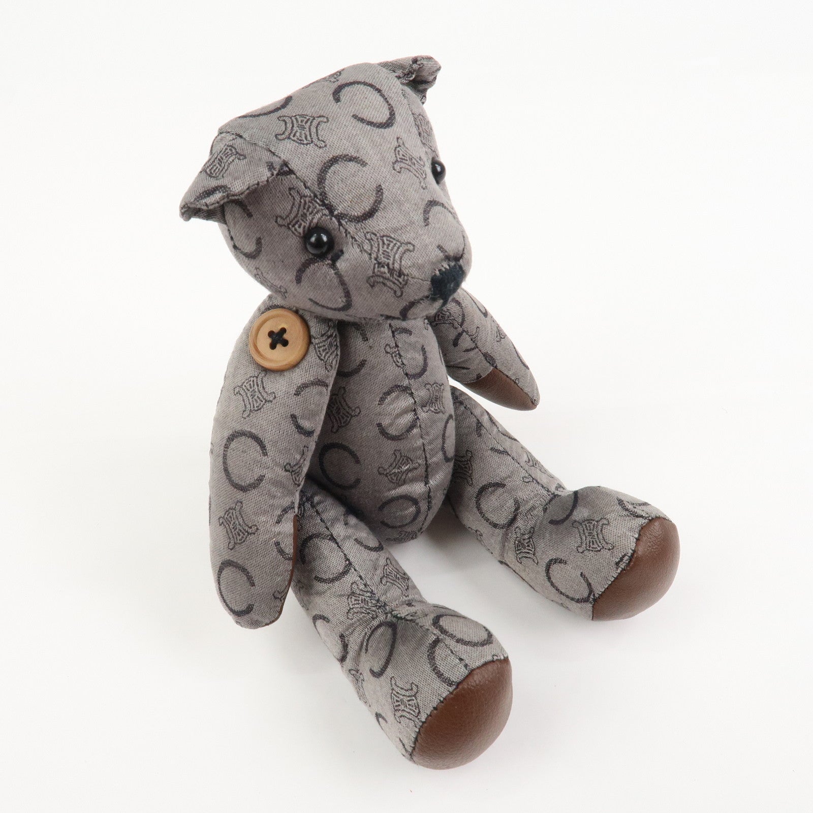CELINE C Macadam Logo Canvas Leather Teddy Bear Stuffed Animal Gray