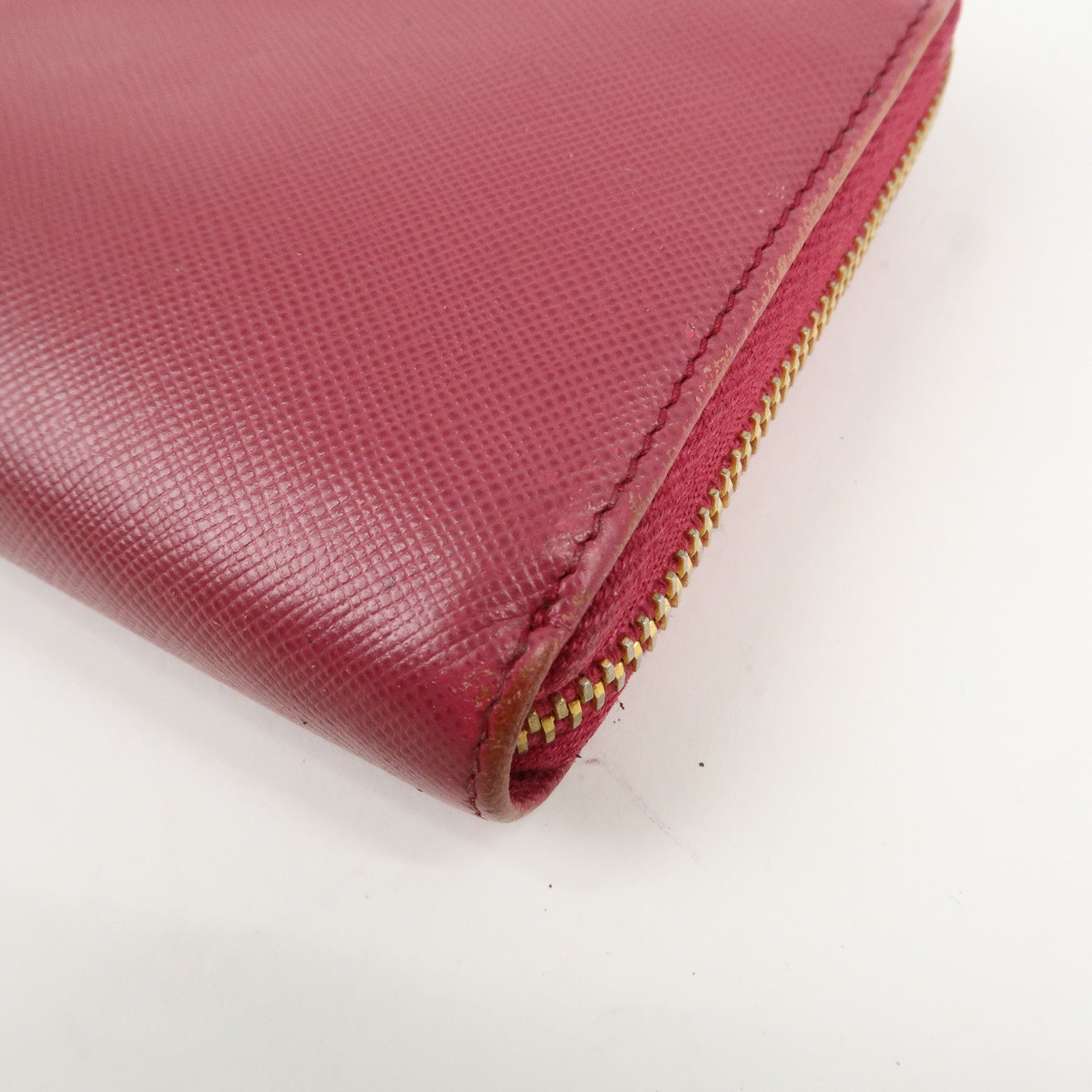 PRADA Logo Saffiano Leather Round Zippy Long Wallet Pink 1M0506 Used