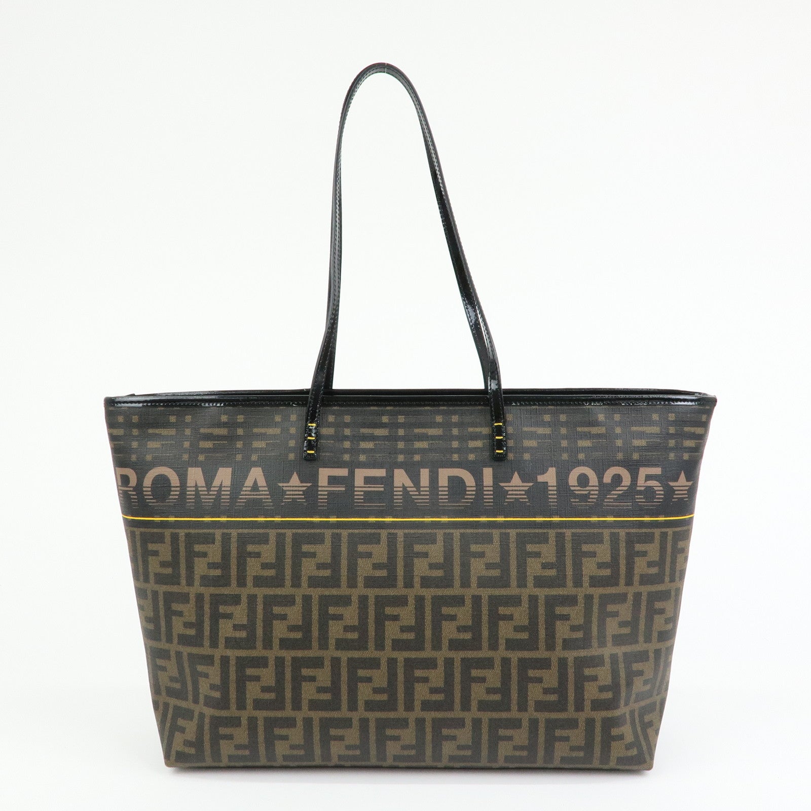 FENDI Zucca PVC Patent Leather Tote Bag Brown Black 8BH185