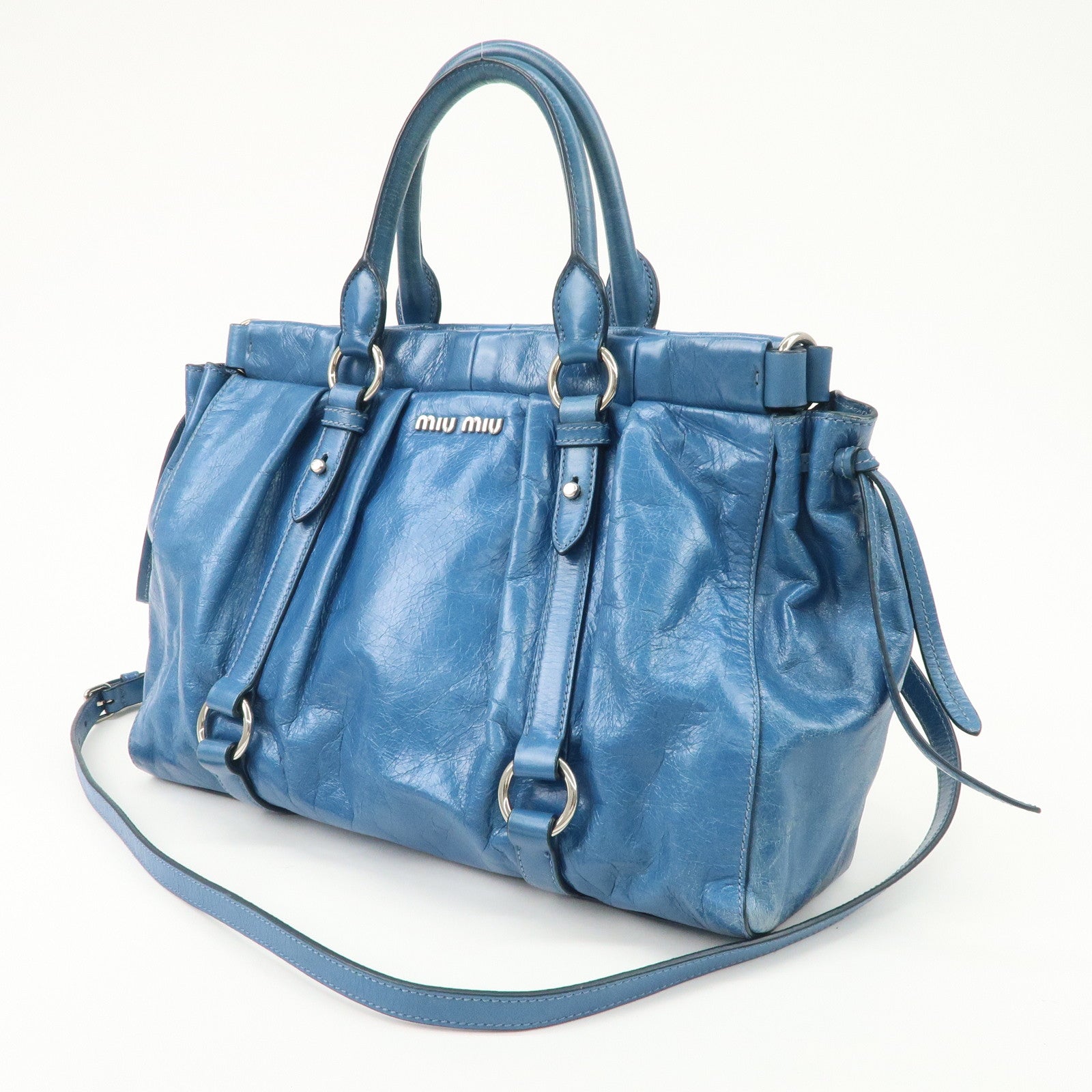 MIU MIU Leather 2Way Bag Shoulder Bag Hand Bag Blue RT0383