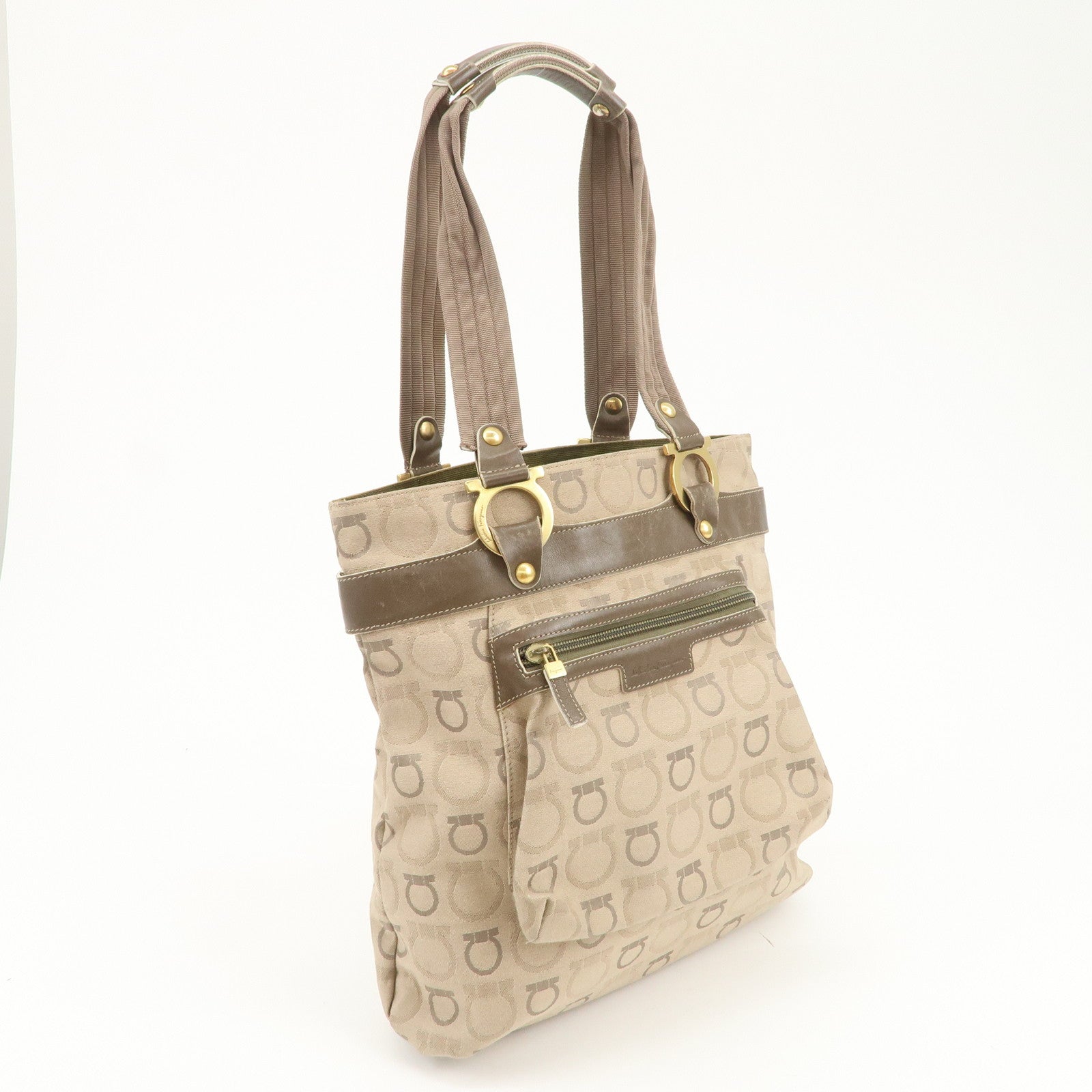 Ferragamo Gancini Canvas Leather Shoulder Bag Tote Bag Brown