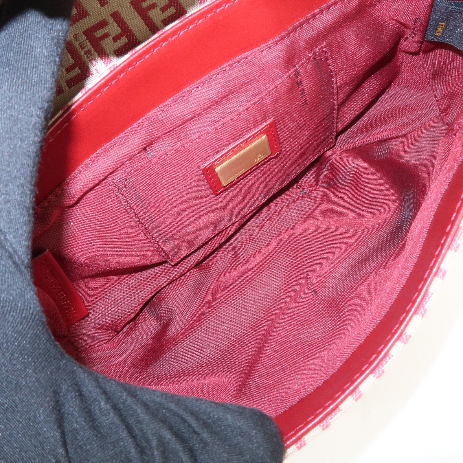 FENDI Zucchino Canvas Leather Turn Lock Shoulder Bag Red 8BR429