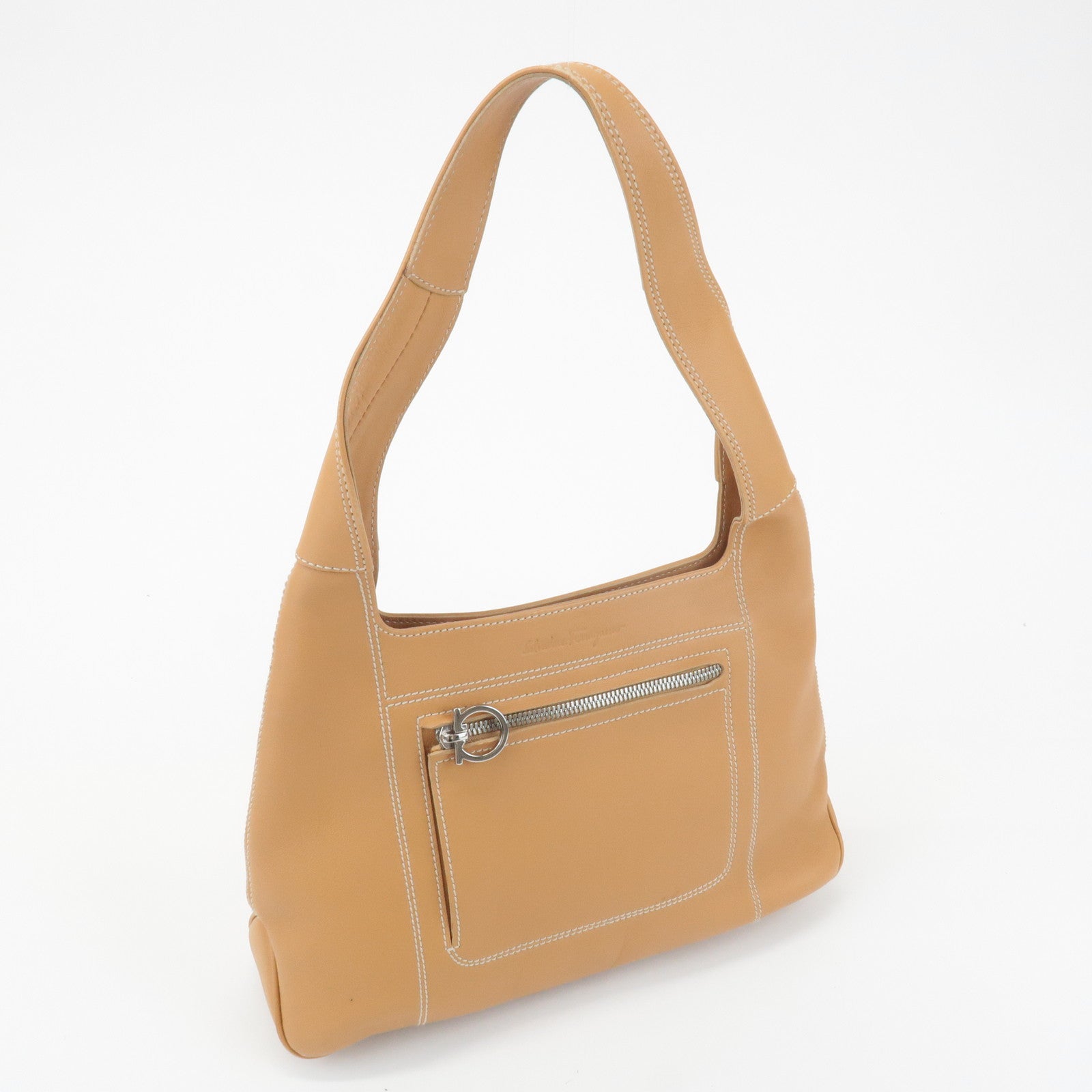 Ferragamo Gancini Leather Shoulder Bag Light Brown Silver HDW Used