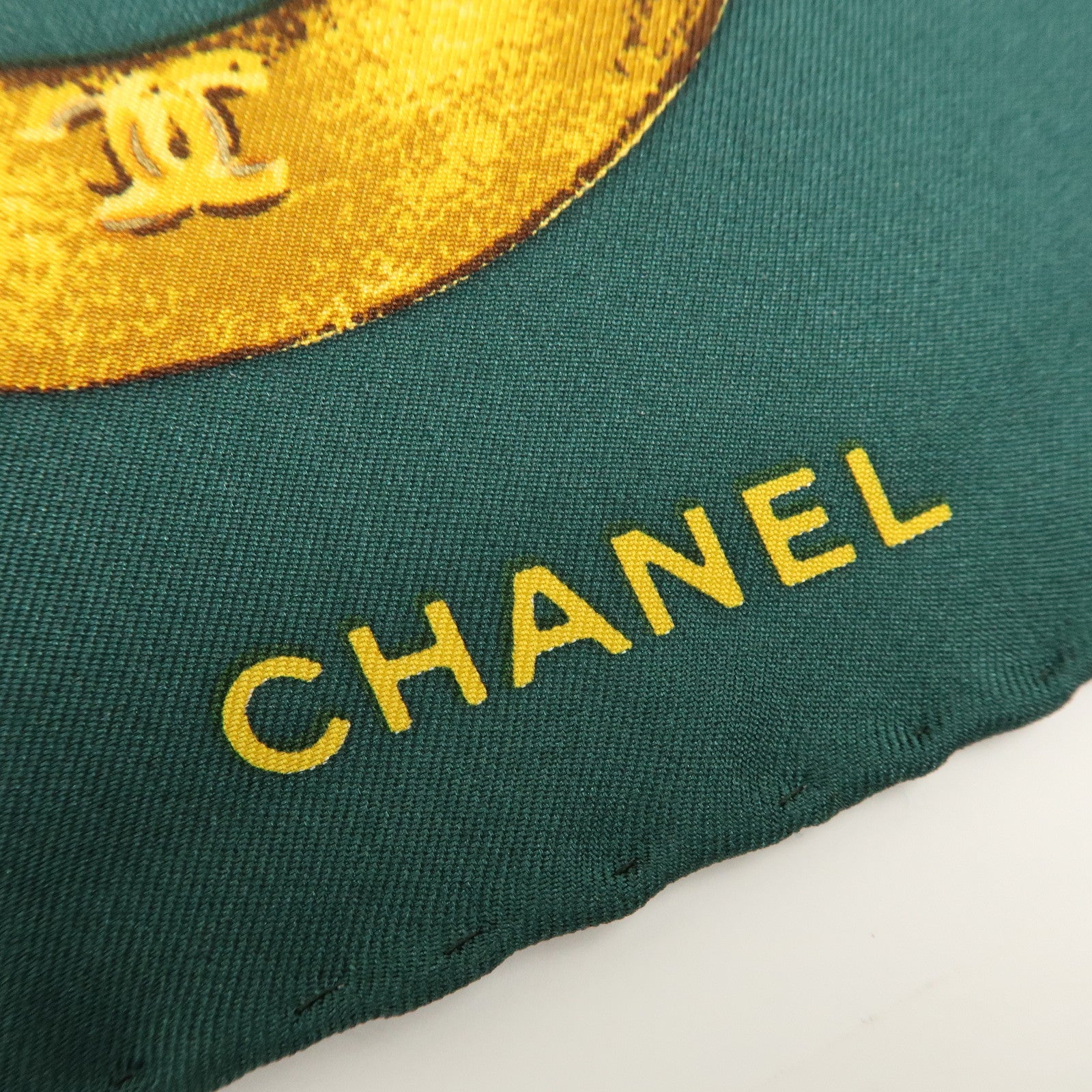 CHANEL Logo Silk 100% Medallion & Chain Print Scarf Moss Green Gold