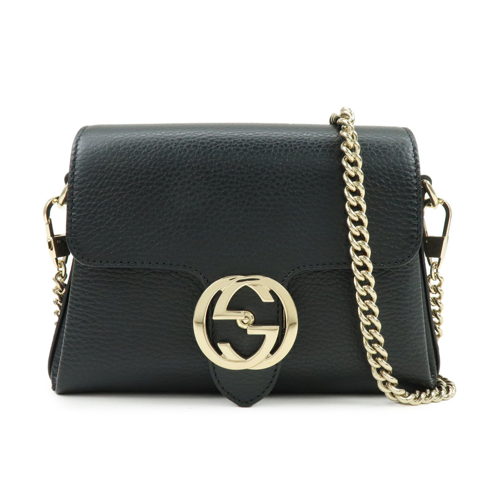 GUCCI Logo Interlocking G Leather Chain Shoulder Bag Black 607720