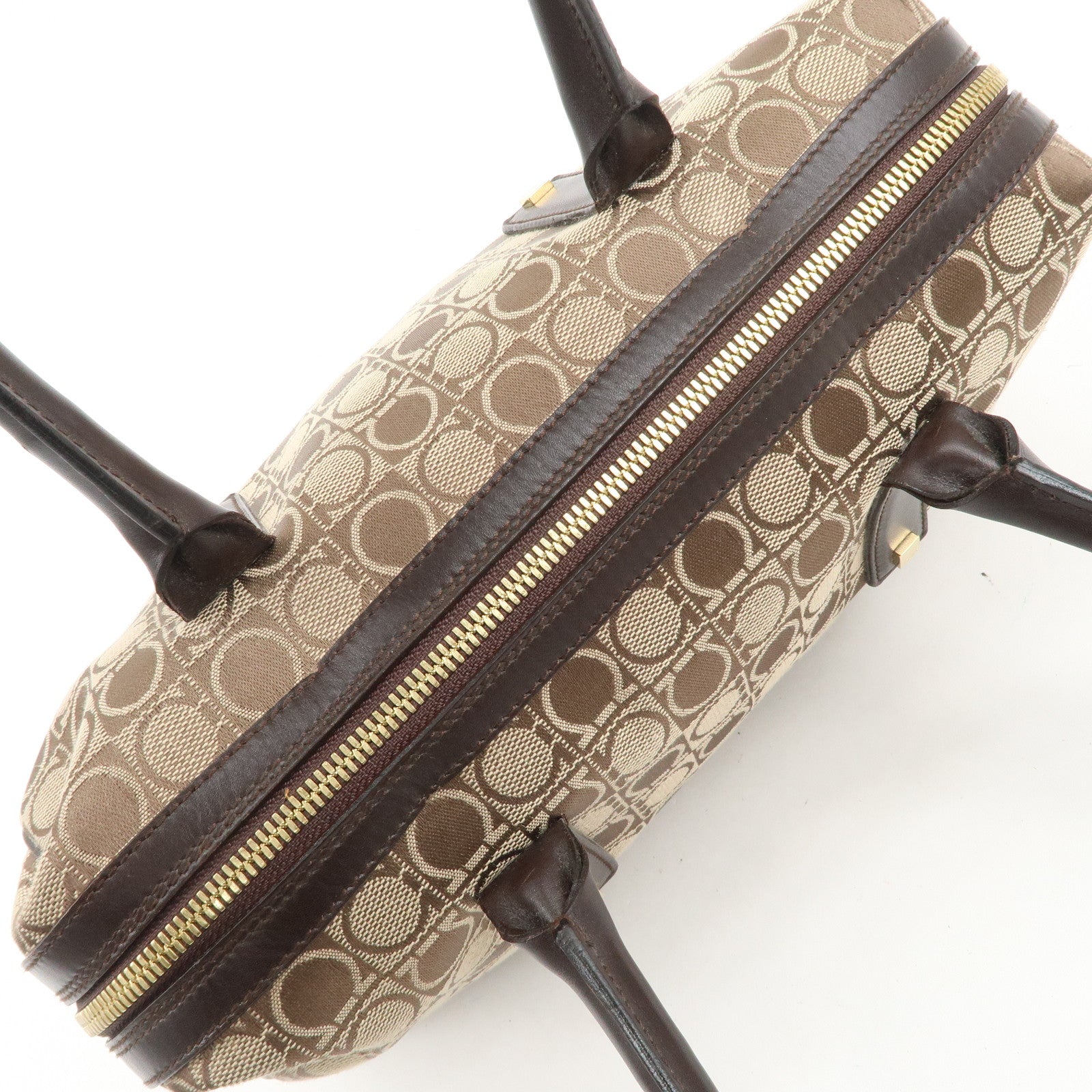 Ferragamo Gancini Leather Canvas Shoulder Bag Hand Bag Beige Brown