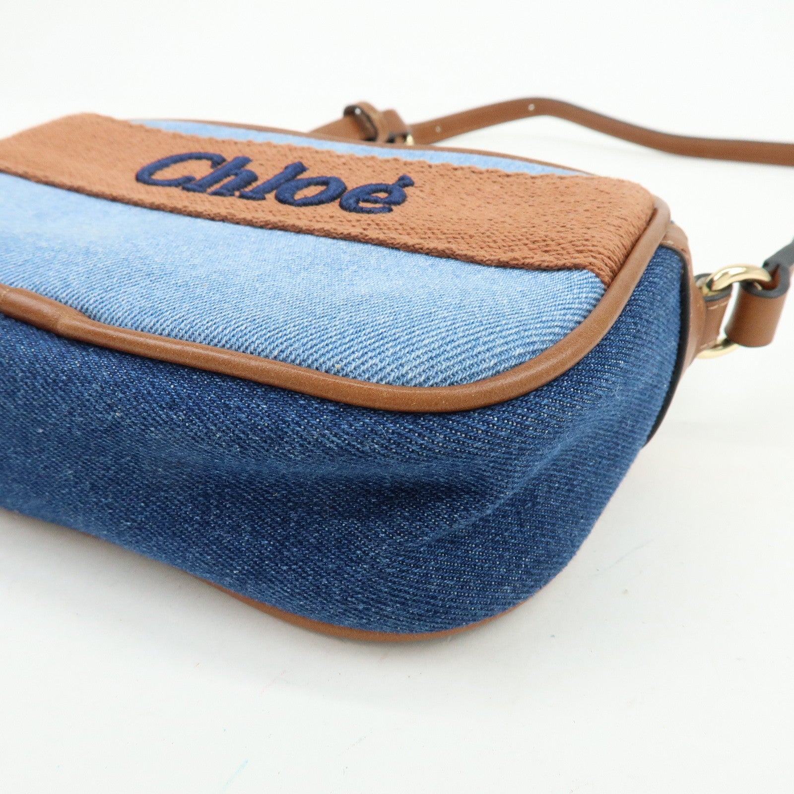 Chloe Denim Leather Canvas Shoulder Bag Crossbody Bag Brown Blue