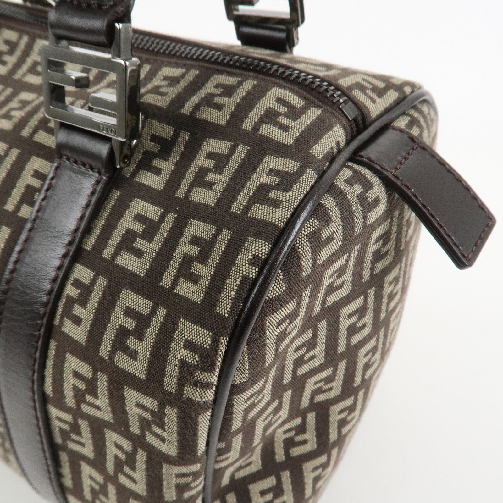 FENDI Zucchino Canvas Leather Hand Bag Boston Bag Brown 8BL068