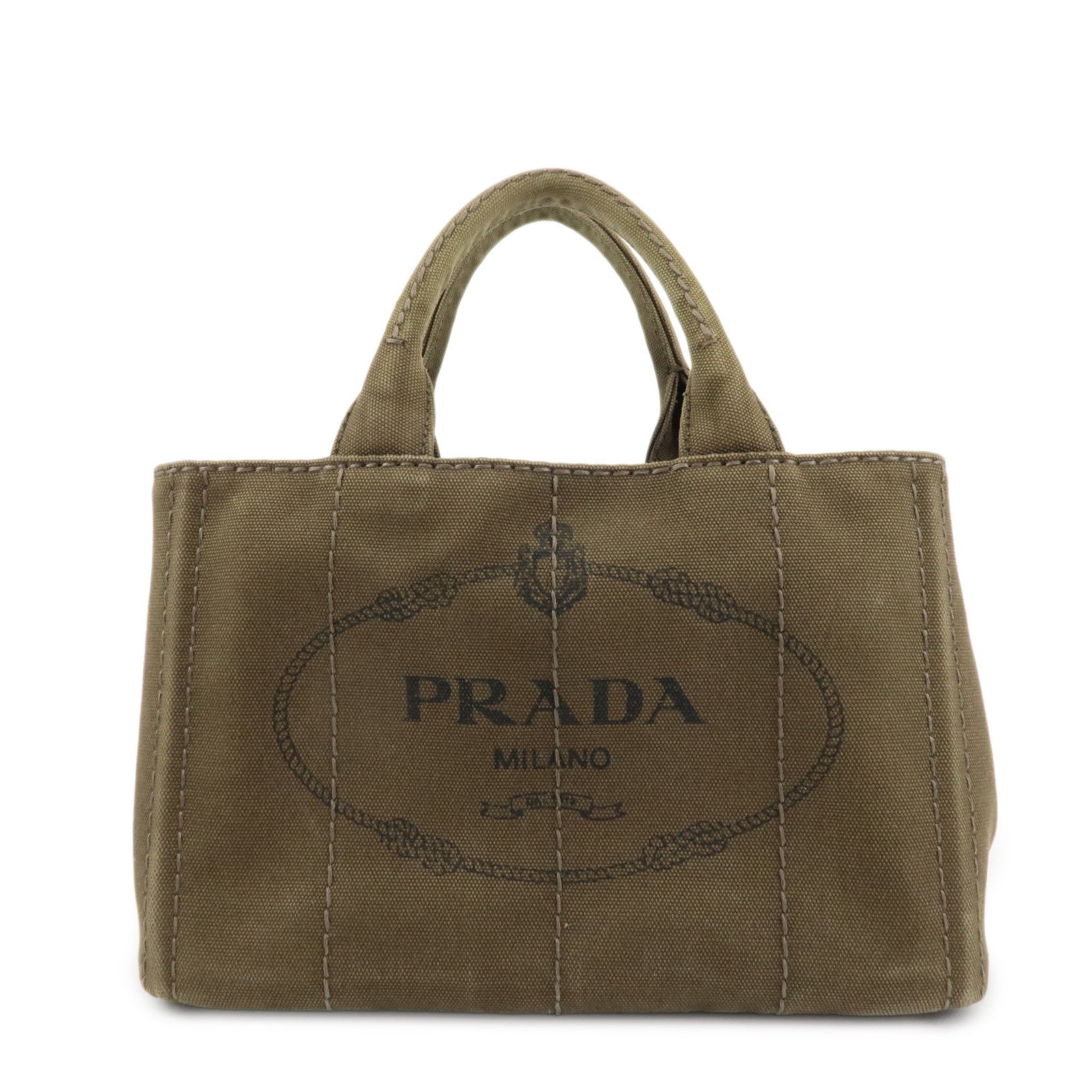 PRADA Logo Canapa Mini Canvas Tote Bag Hand Bag Khaki BN2439 Used
