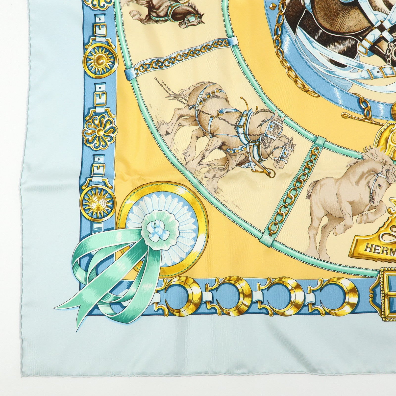 HERMES Carre 90 Silk 100% Scarf CHEVAUX DE TRAIT Light Blue Yellow