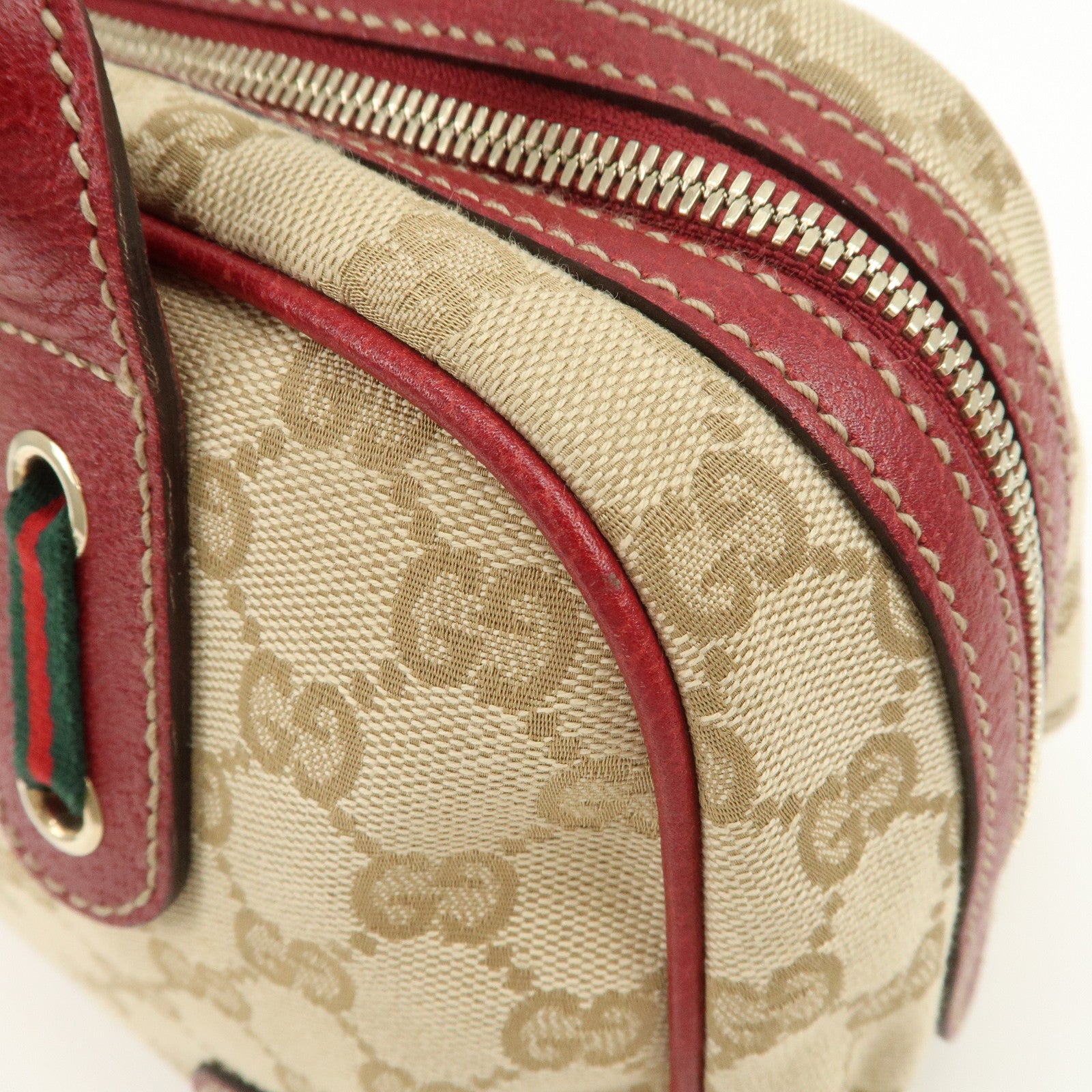 GUCCI Sherry Princy Leather GG Canvas Boston Bag Beige Red 161720
