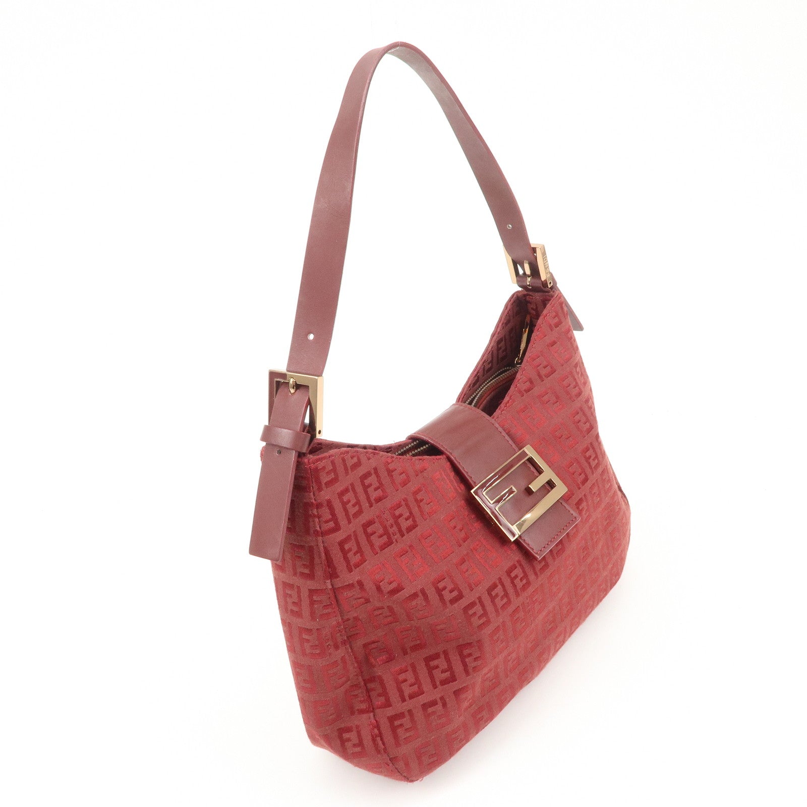 FENDI Zucchino Leather Canvas Shoulder Bag Hand Bag Red Used