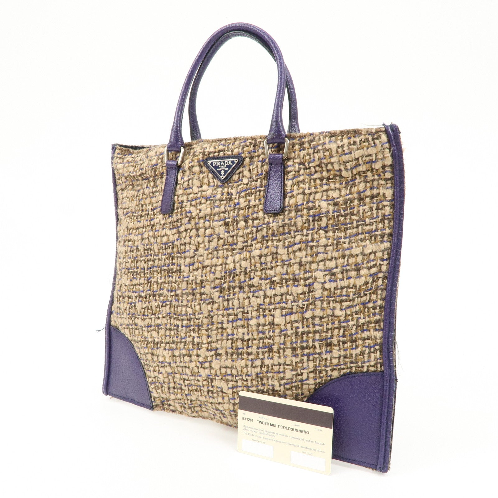 PRADA Triangle Logo Tweed Leather Tote Bag Purple Beige B11261 Used