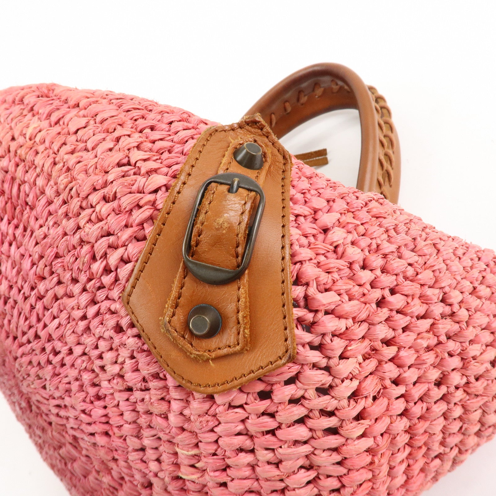 BALENCIAGA Straw Tote Bag Shoulder Bag Brown Pink 236741 Used