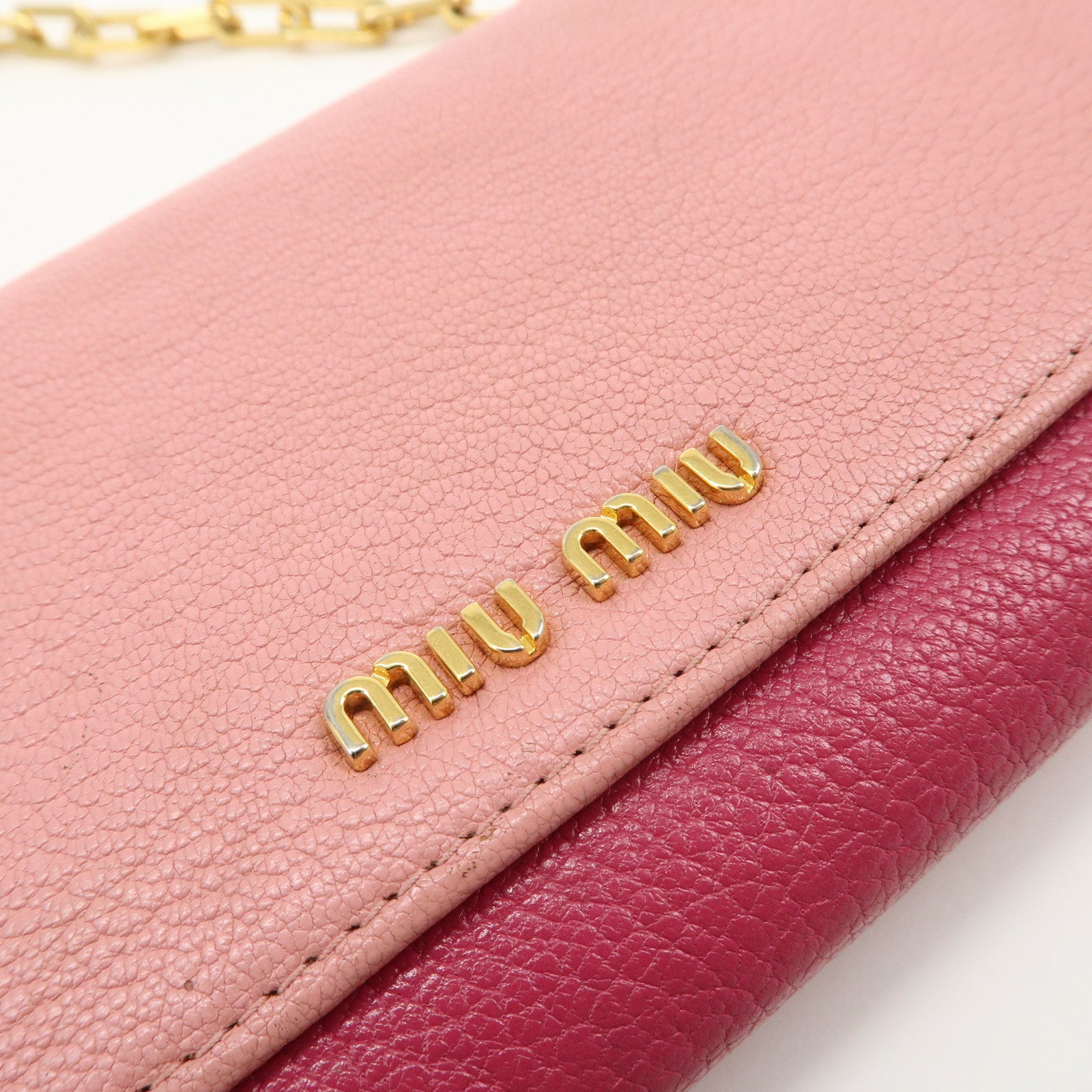 MIU MIU Logo Leather WOC Chain Shoulder Long Wallet Pink 5M1290