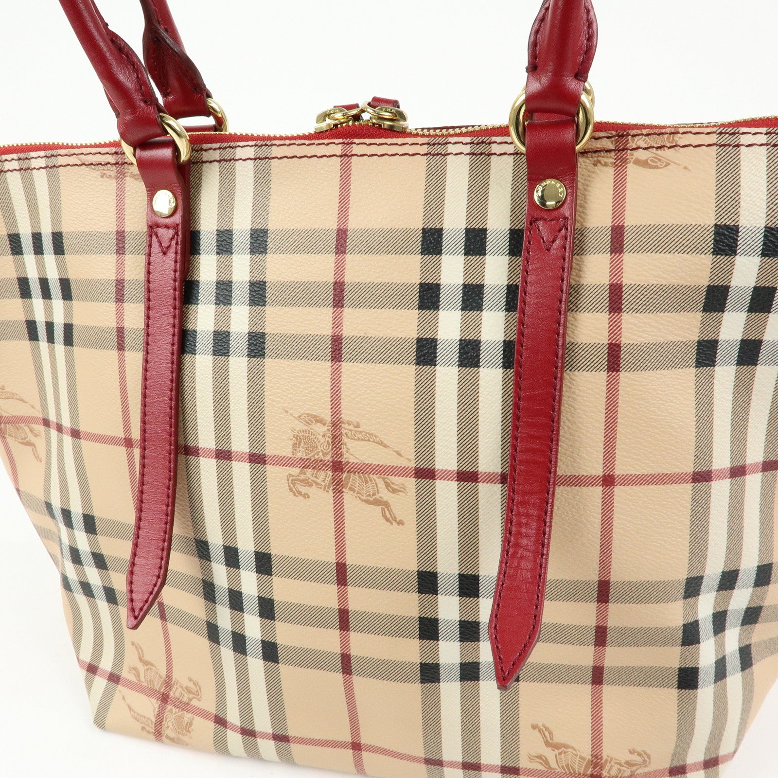 BURBERRY Nova Plaid PVC Leather Tote Bag Hand Bag Beige Red