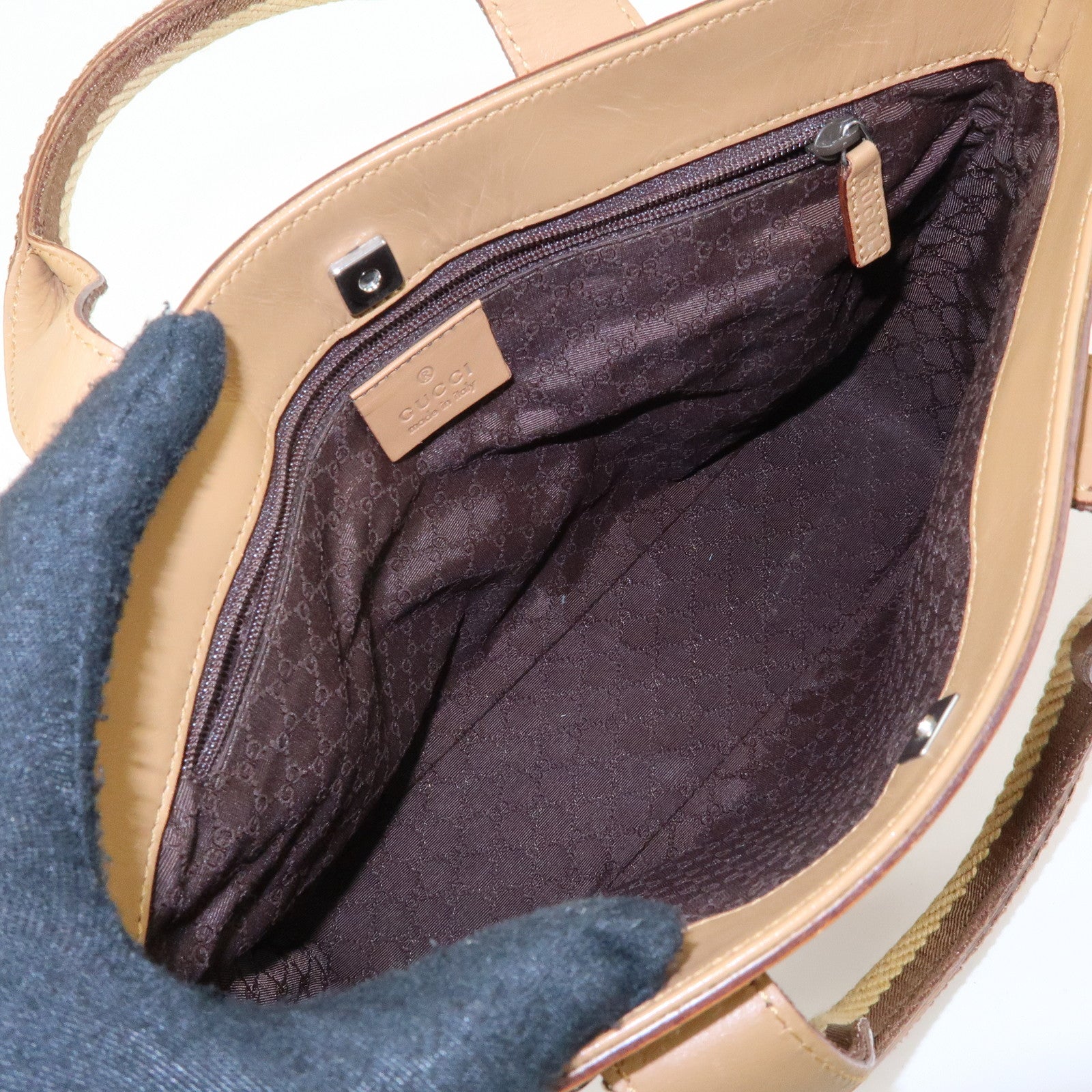 GUCCI Sherry Leather Canvas Hand Bag Beige Brown 000.0860