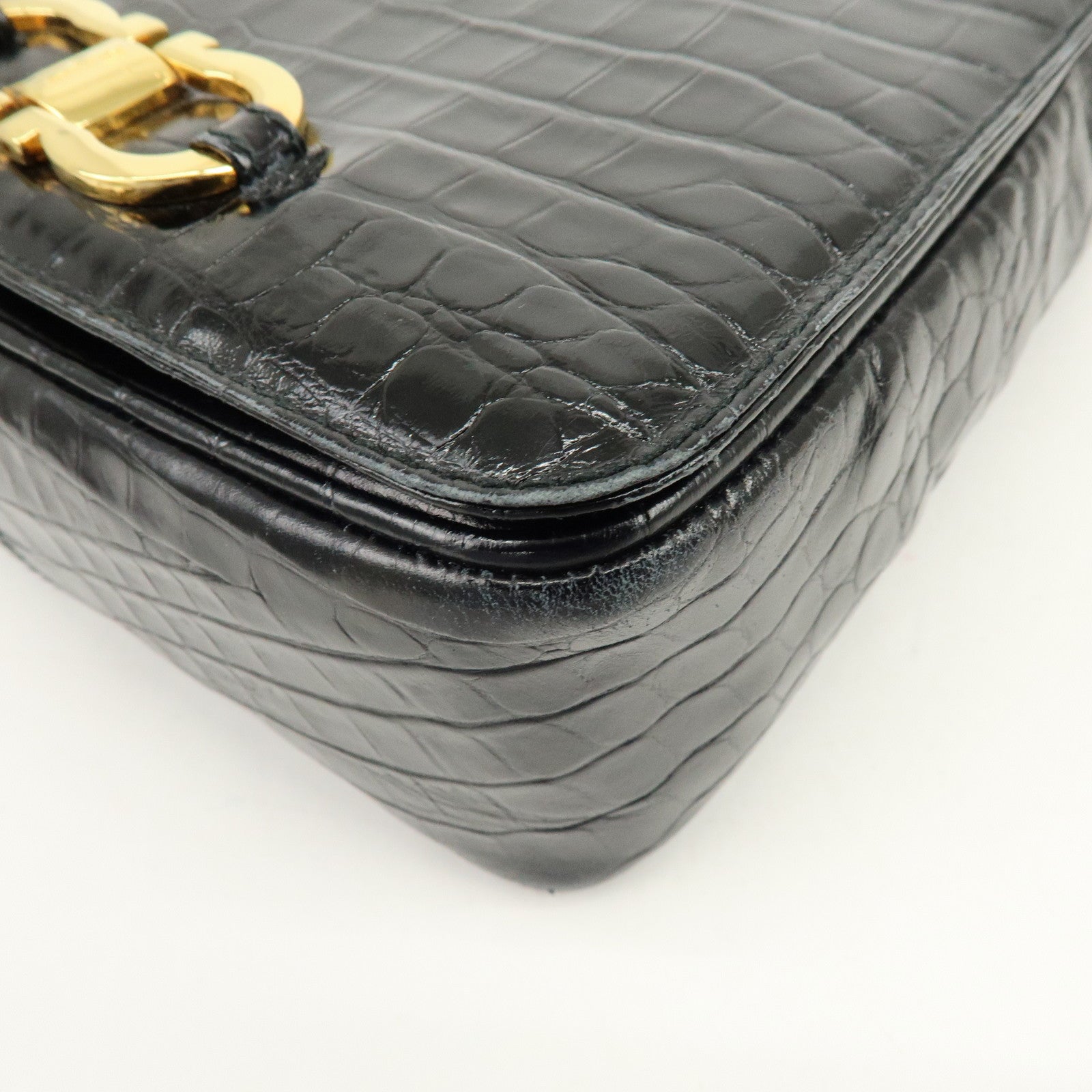 Ferragamo Gancini Embossed Leather Shoulder Bag Crossbody Bag Black