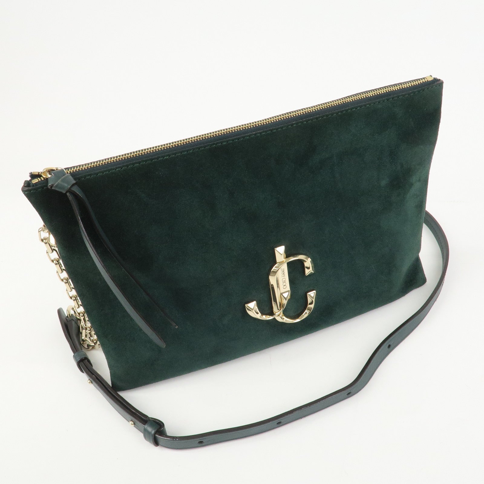 JIMMY CHOO VARENNE Suede Leather Chain Shoulder Bag Dark Green