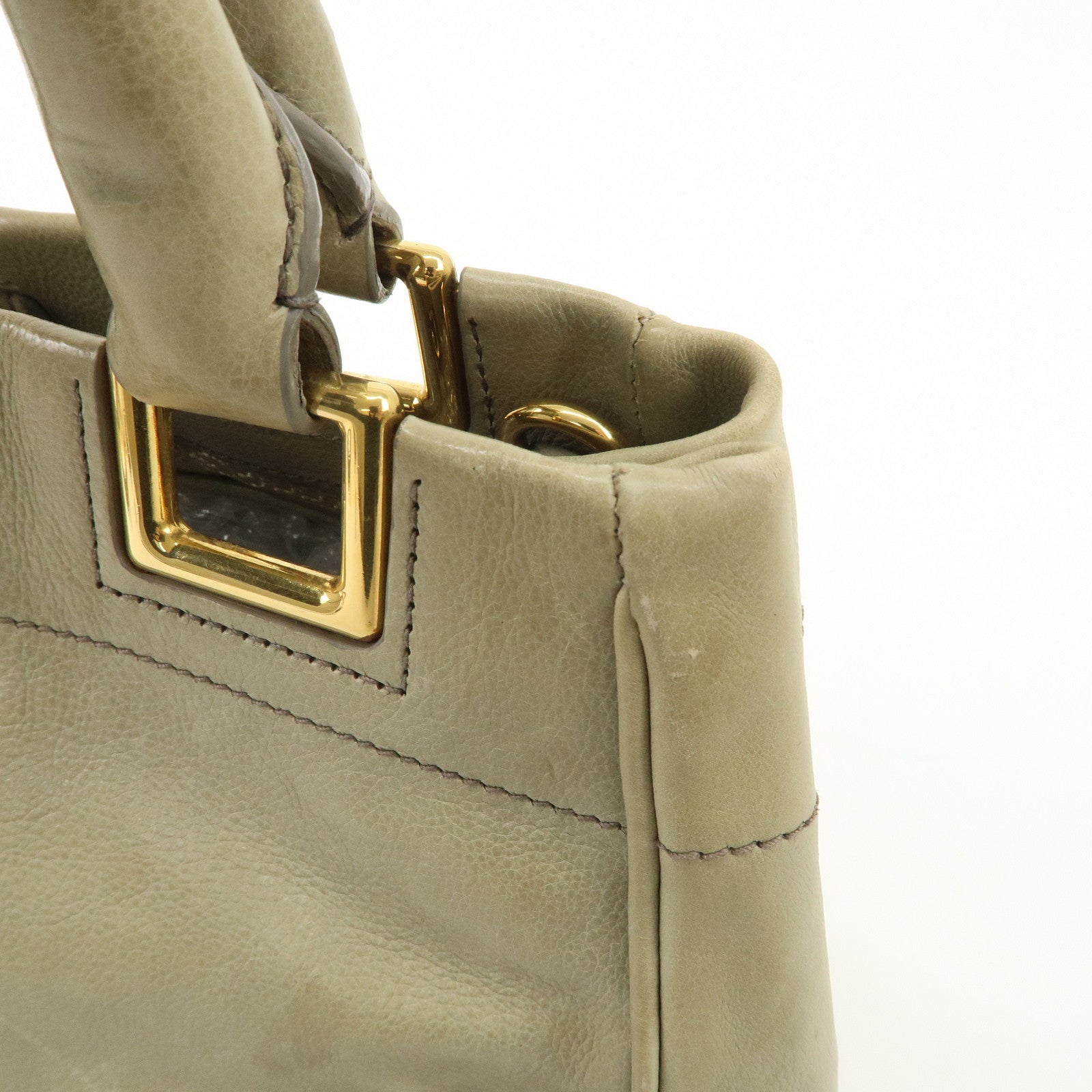 PRADA Logo Ribon Leather 2WAY Tote Bag Hand Bag Beige Gold HDW BN2245 Used