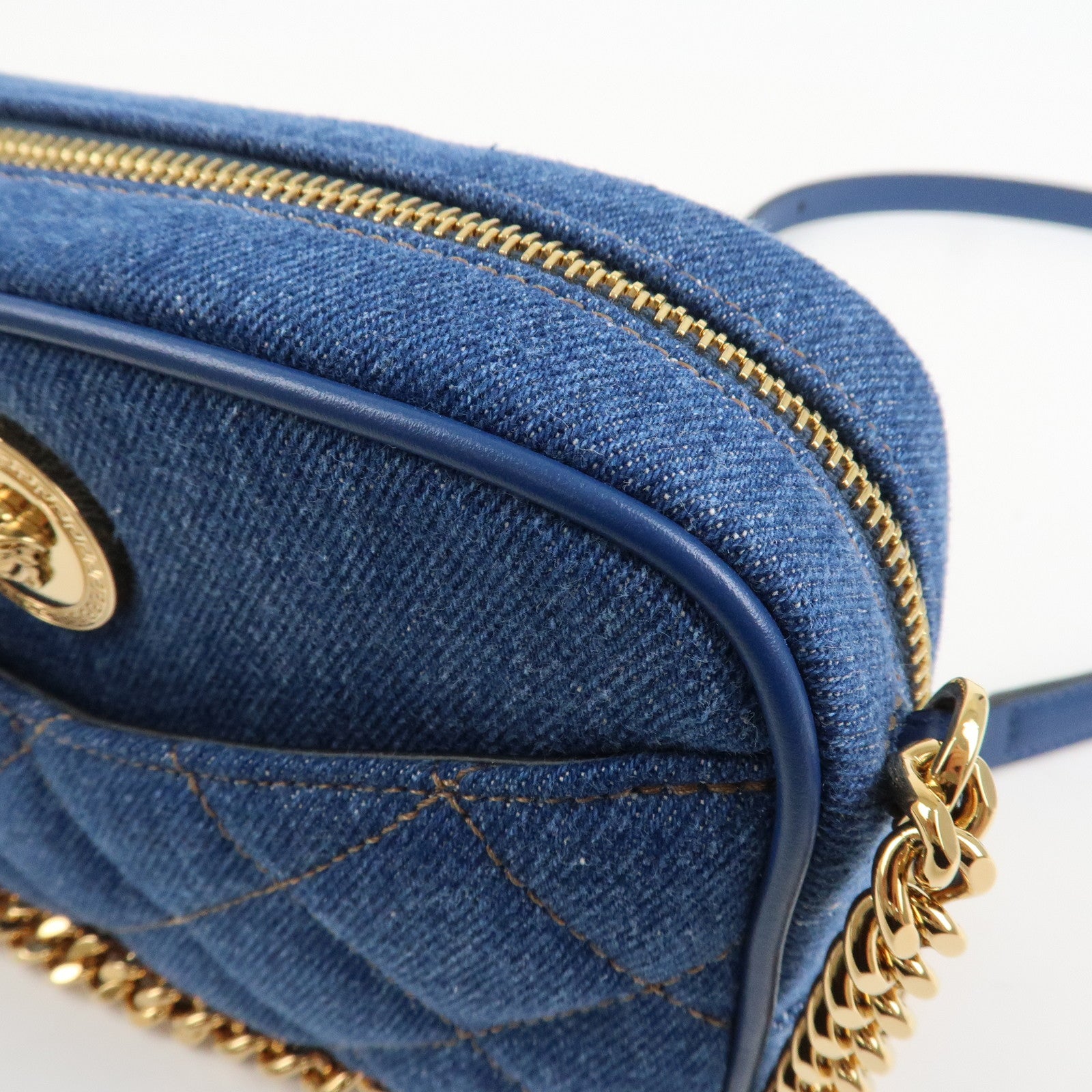 GIANNI VERSACE Denim Leather Chain Shoulder Bag Blue