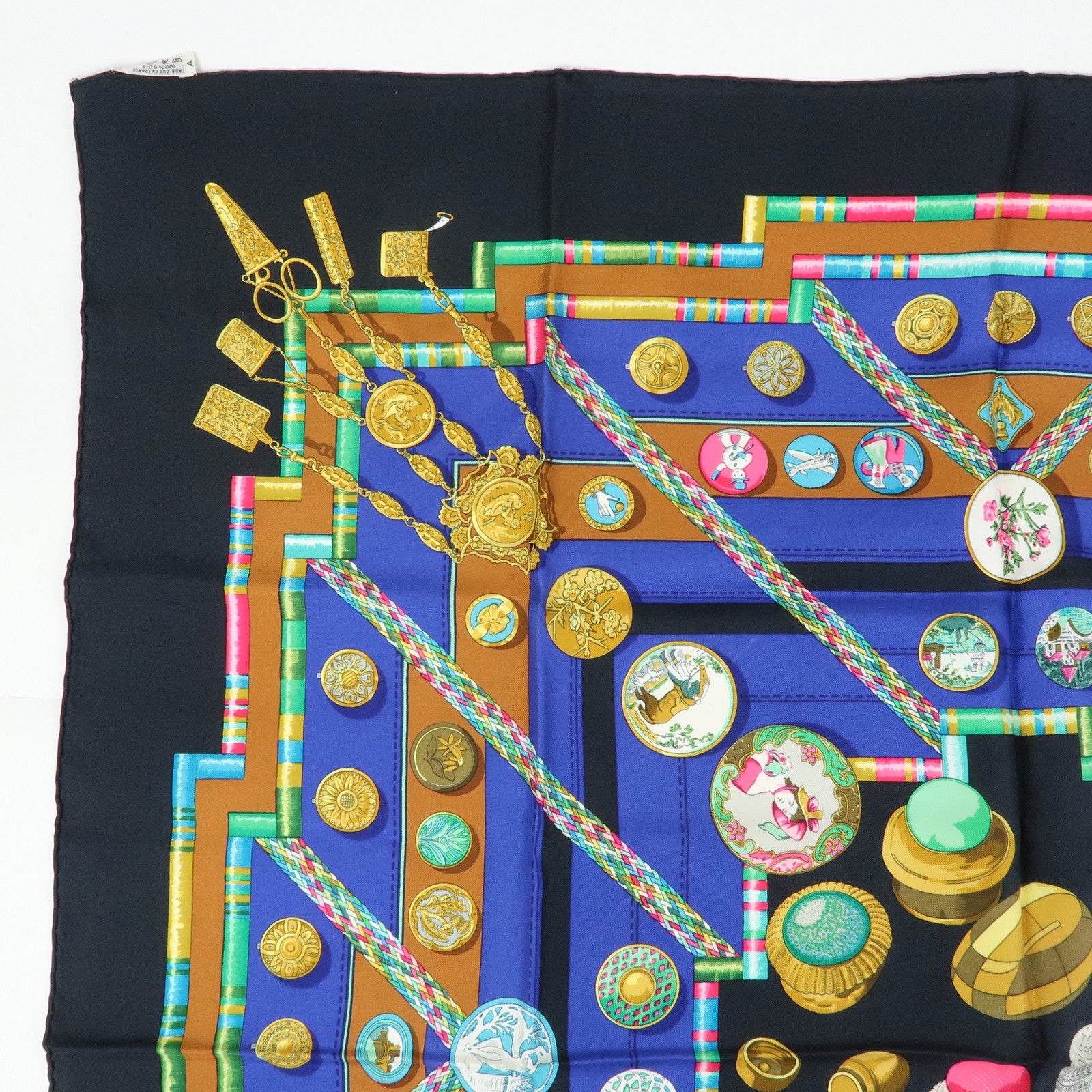 HERMES Carre 90 Silk 100% Scarf Petite main Black Multicolor