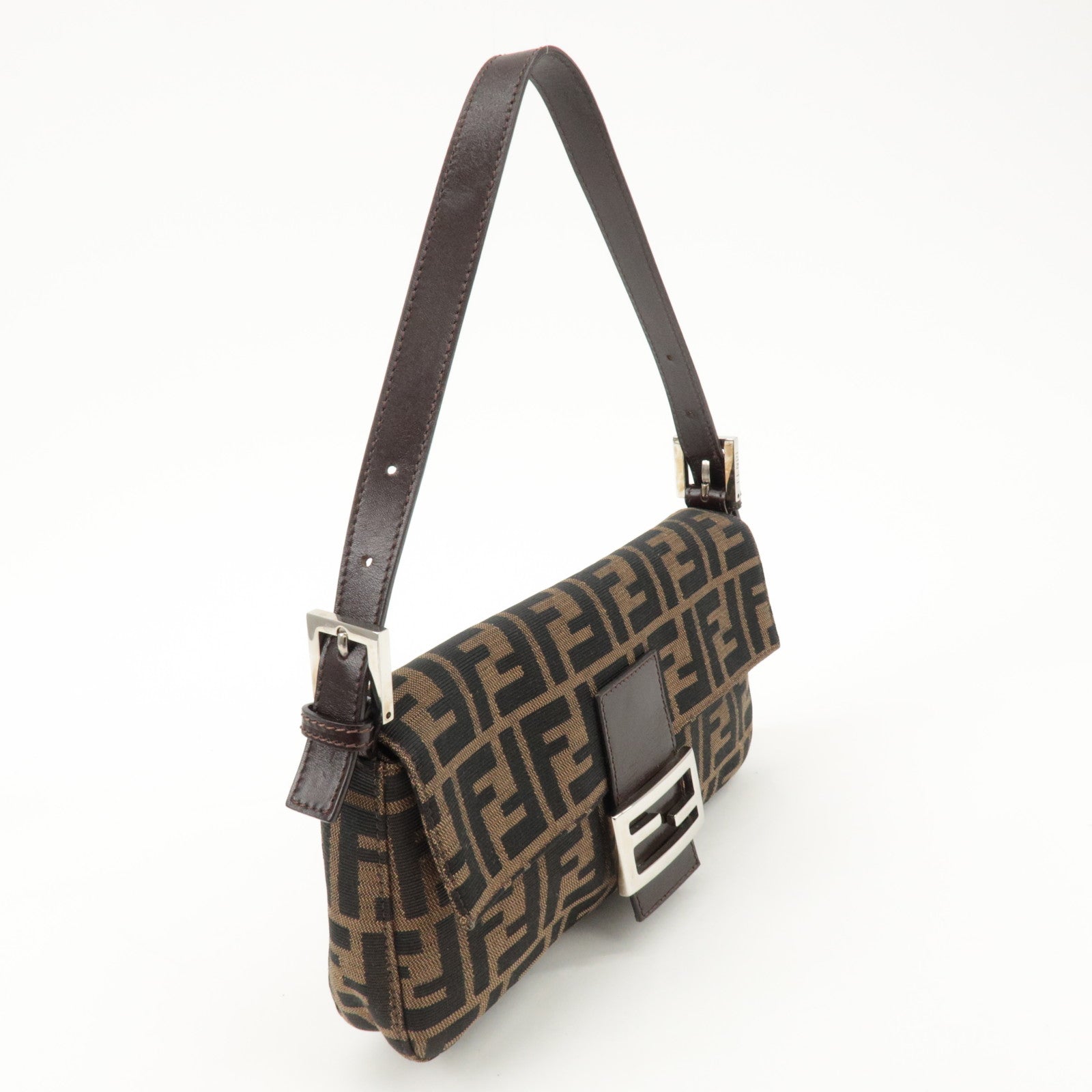 FENDI Mamma Baguette Zucca Canvas Shoulder Bag Black Brown 26421 Used
