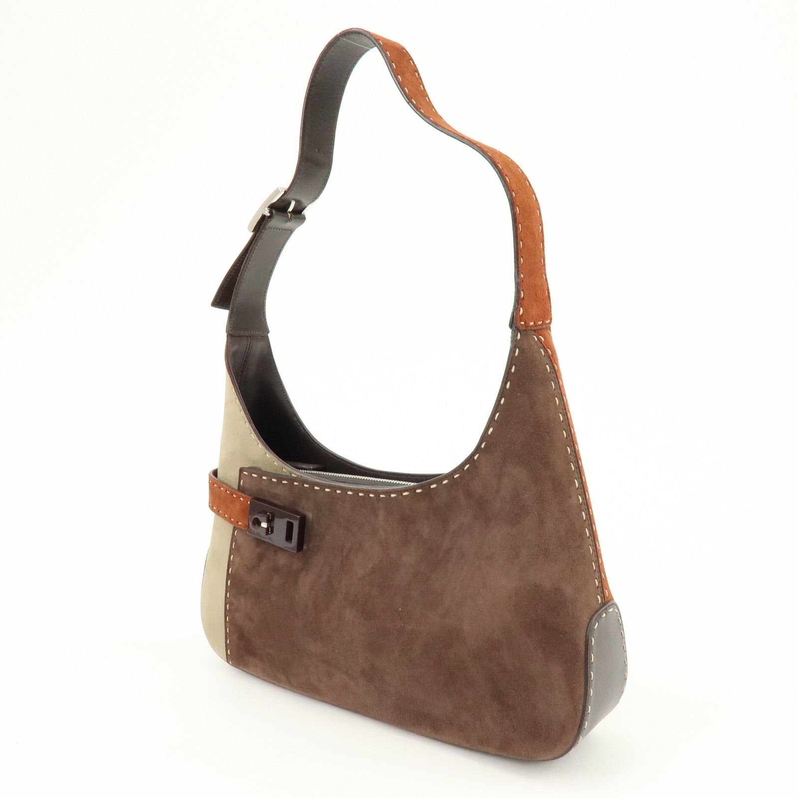 Ferragamo Gancini Suede Shoulder Bag Hand Bag Brown