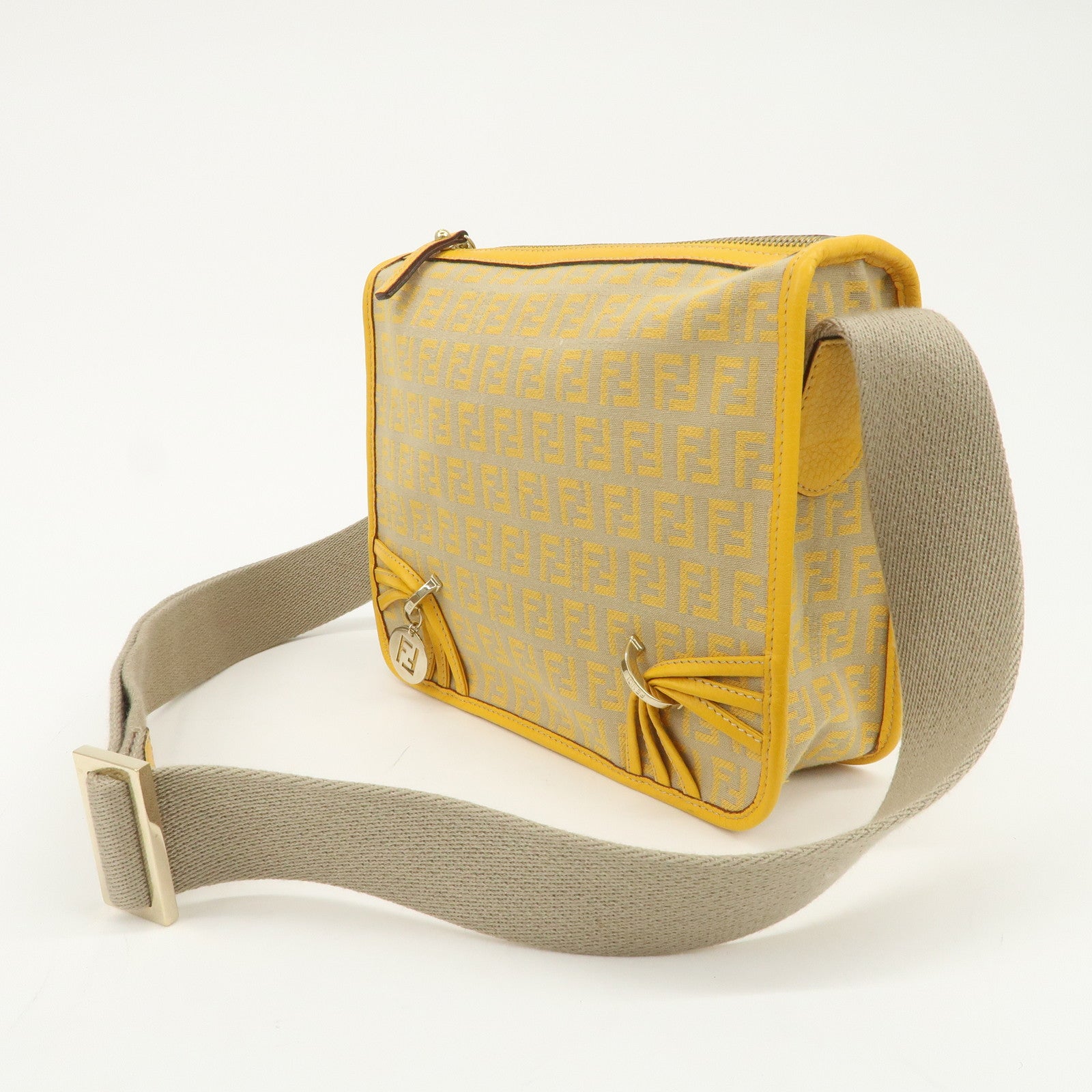 FENDI Zucchino Canvas Leather Shoulder Bag Beige Yellow 8BT089