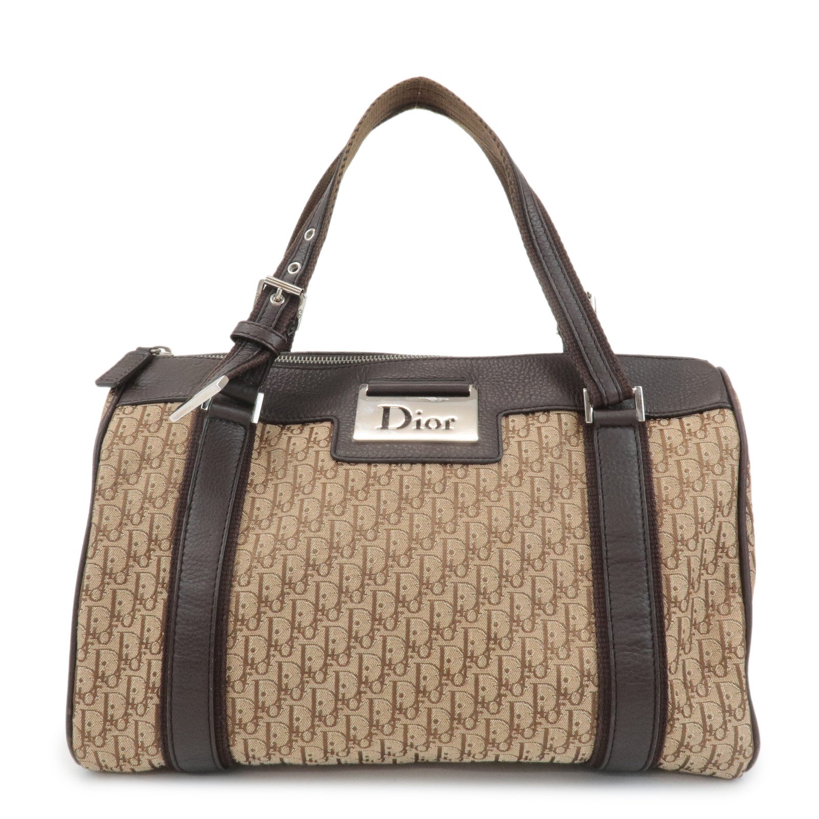 Christian Dior Trotter Street Chic Leather Canvas Boston Bag Beige Used