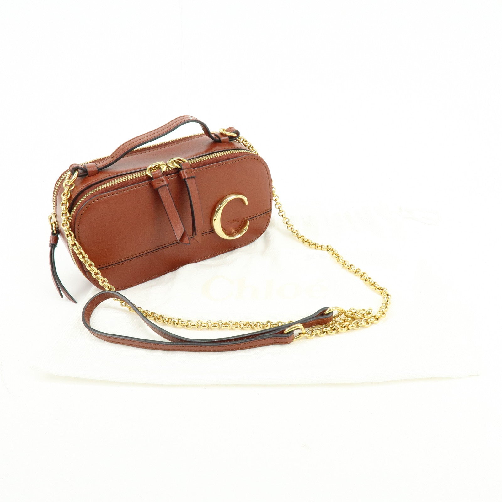 Chloe Leather 2Way Chain Shoulder Bag Mini Vanity Bag Brown