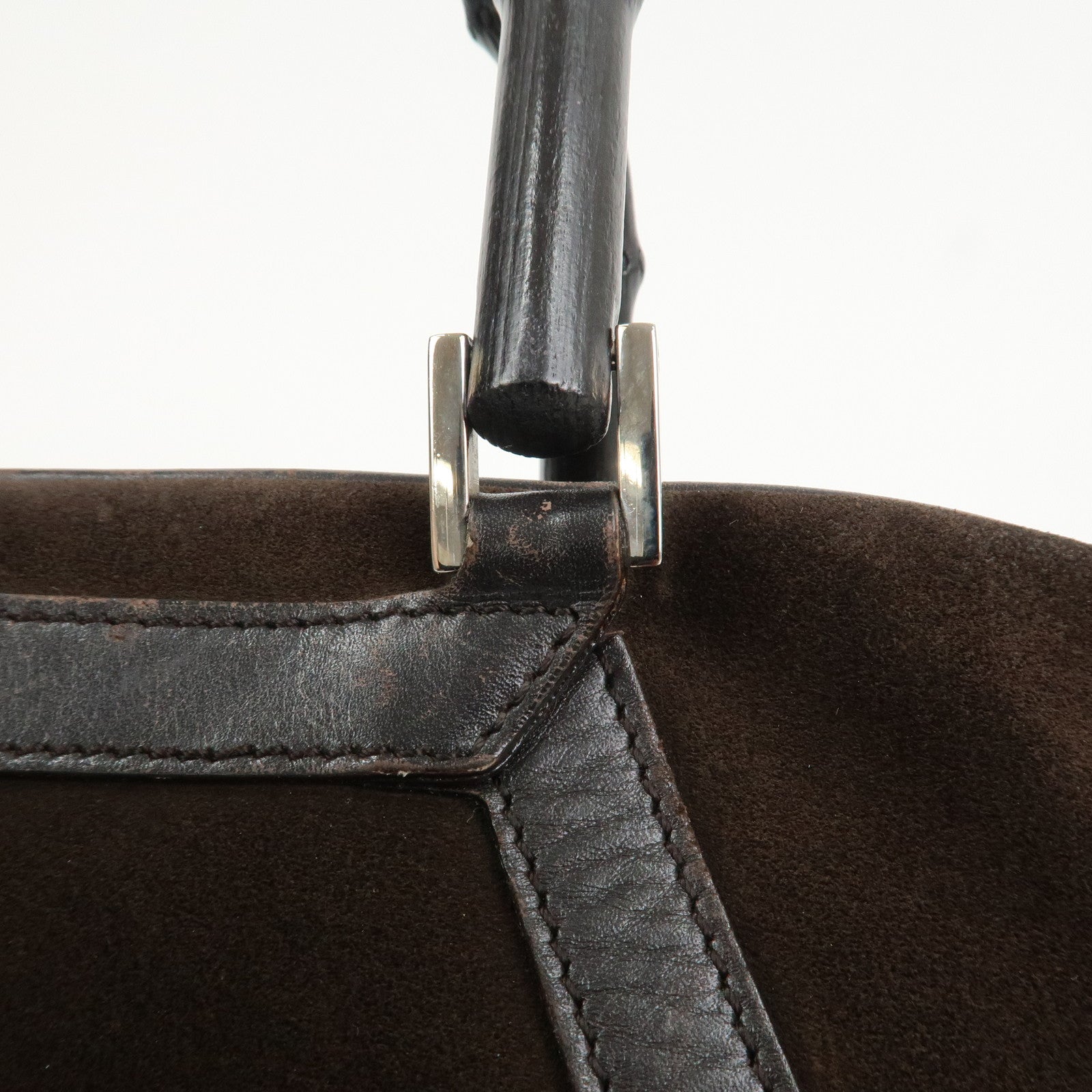 GUCCI Bamboo Suede Leather Hand Bag Dark Brown 002.1084
