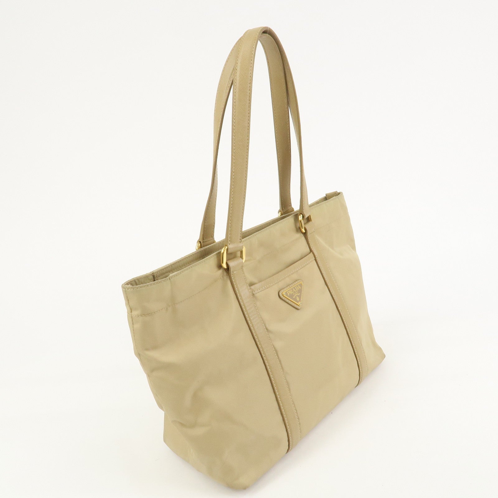 PRADA Triangle Logo Nylon Saffiano Leather Tote Bag Beige BR2311