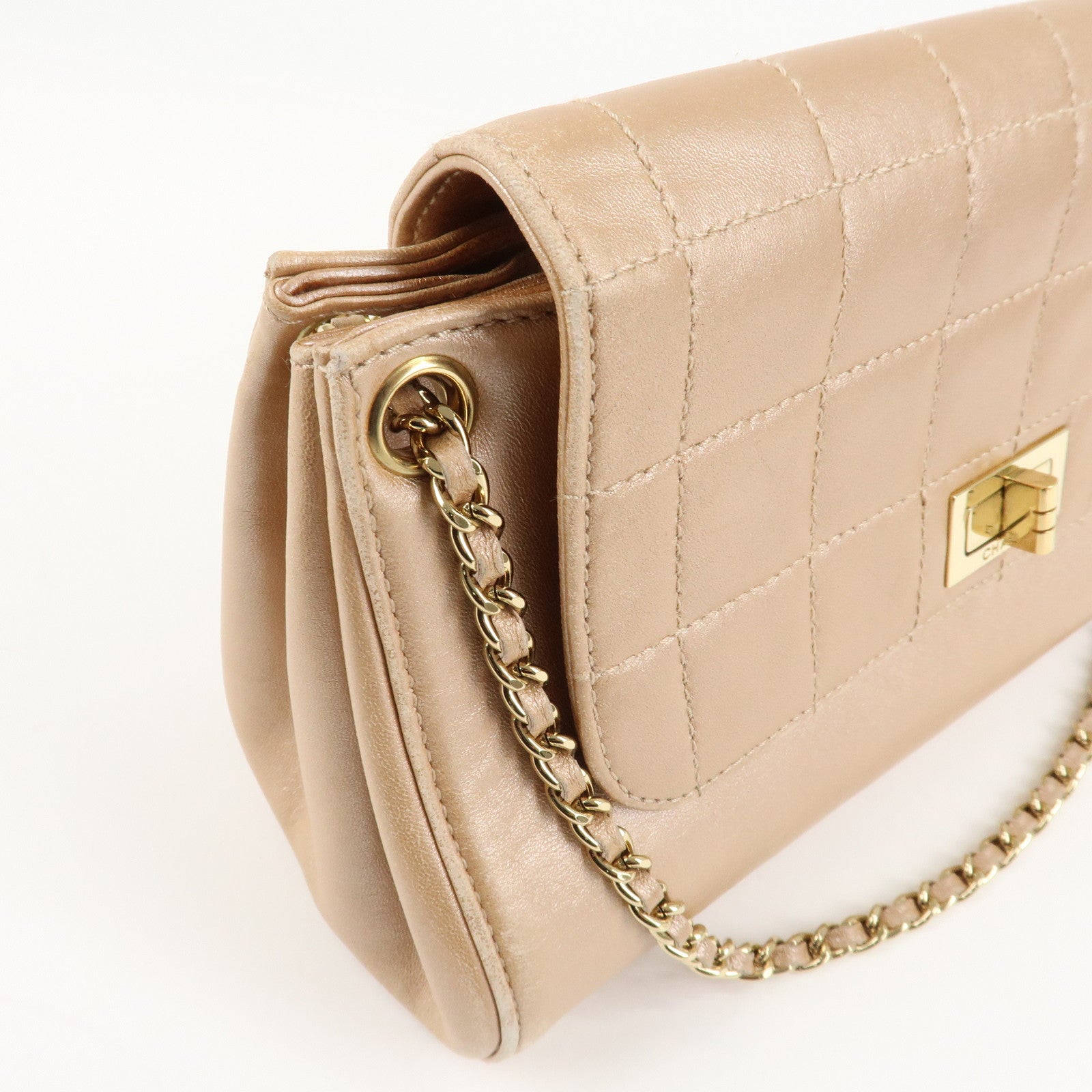 CHANEL Chocolate Bar Leather Chain Shoulder Bag Pink Gold Used