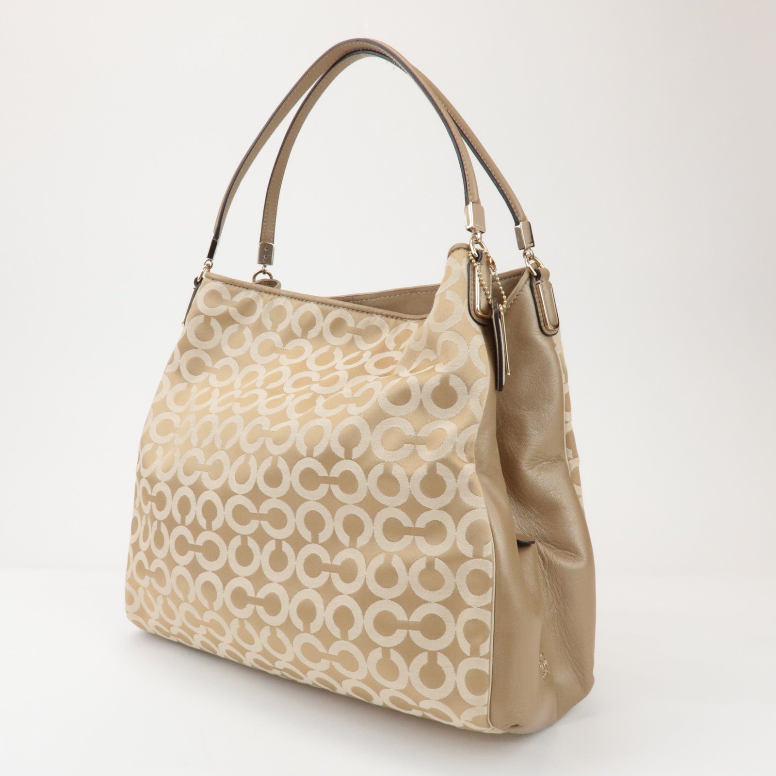 COACH Op Art Satin Leather Shoulder Bag Hand Bag Gold Beige