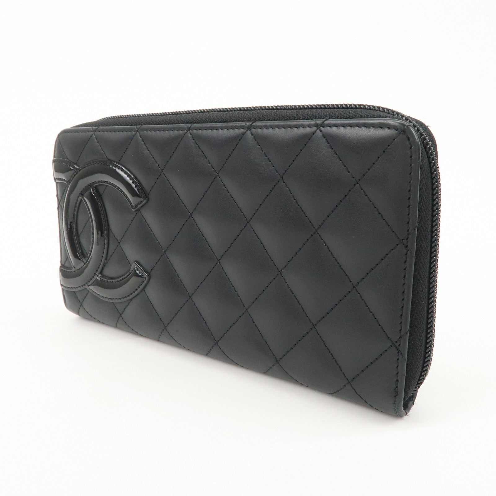 CHANEL Cambon Line Lamb Skin Round Zippy Long Wallet Black A50078 Used