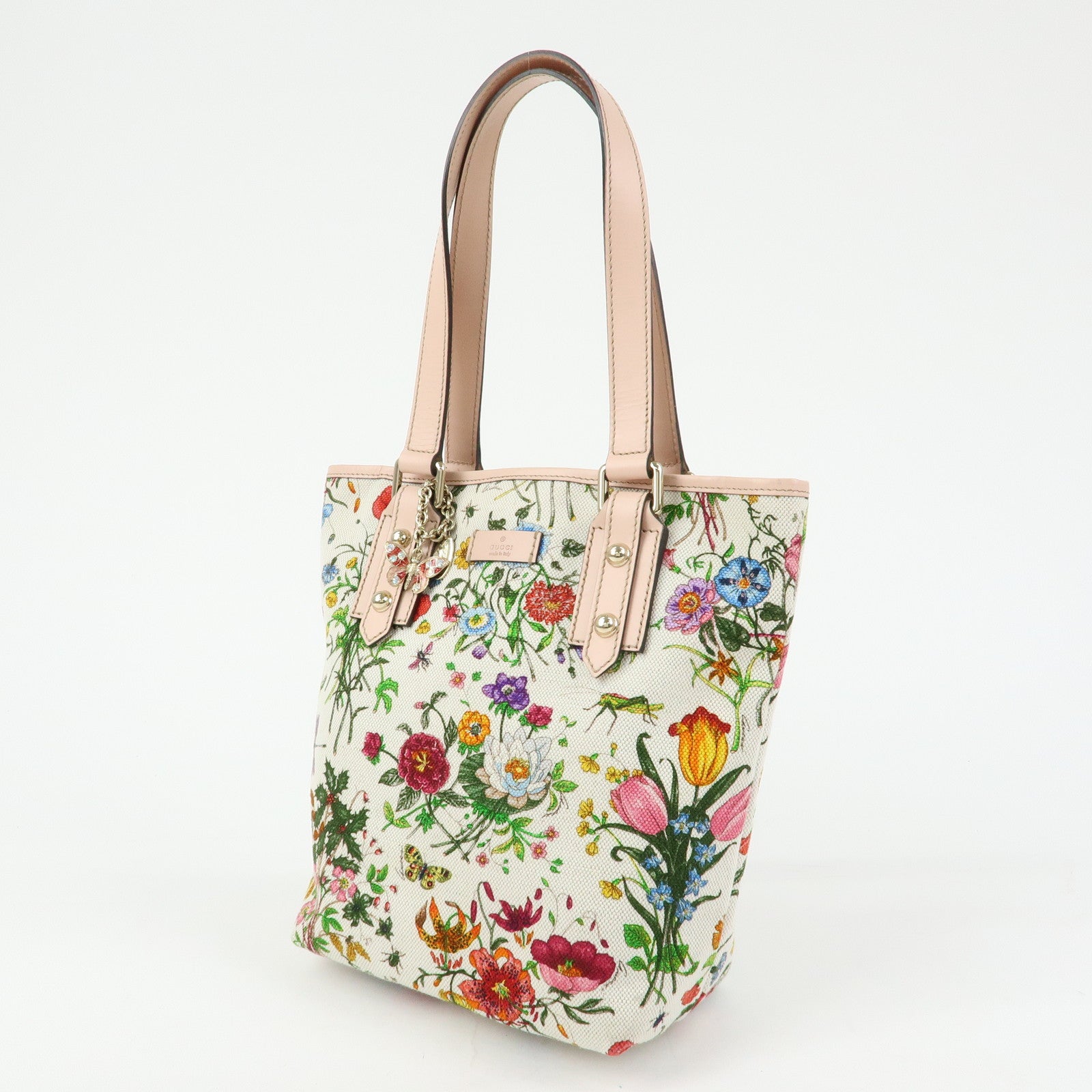 GUCCI Flora Flower Motif Canvas Leather Tote Bag White Pink 240018
