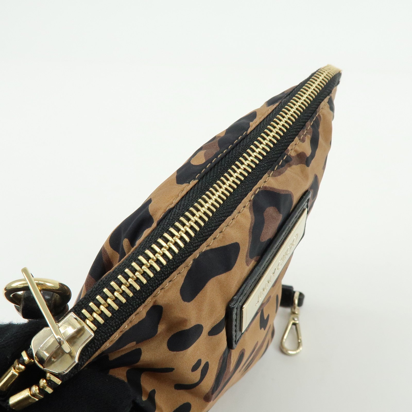 JIMMY CHOO Nylon Leather Shoulder Bag Hand Bag Animal Print Brown