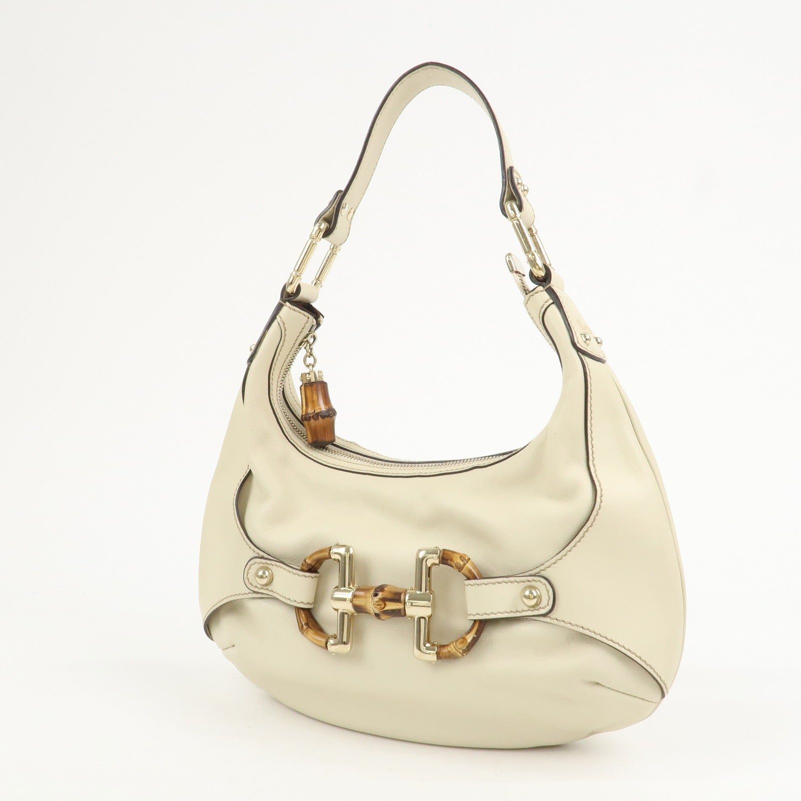 GUCCI Horsebit Bamboo Leather Shoulder Bag Ivory 154378