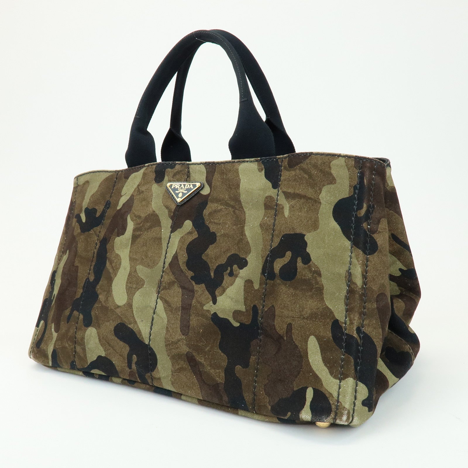 PRADA Triangle Logo Canapa Tote Bag Hand Bag Brown Khaki BN2020