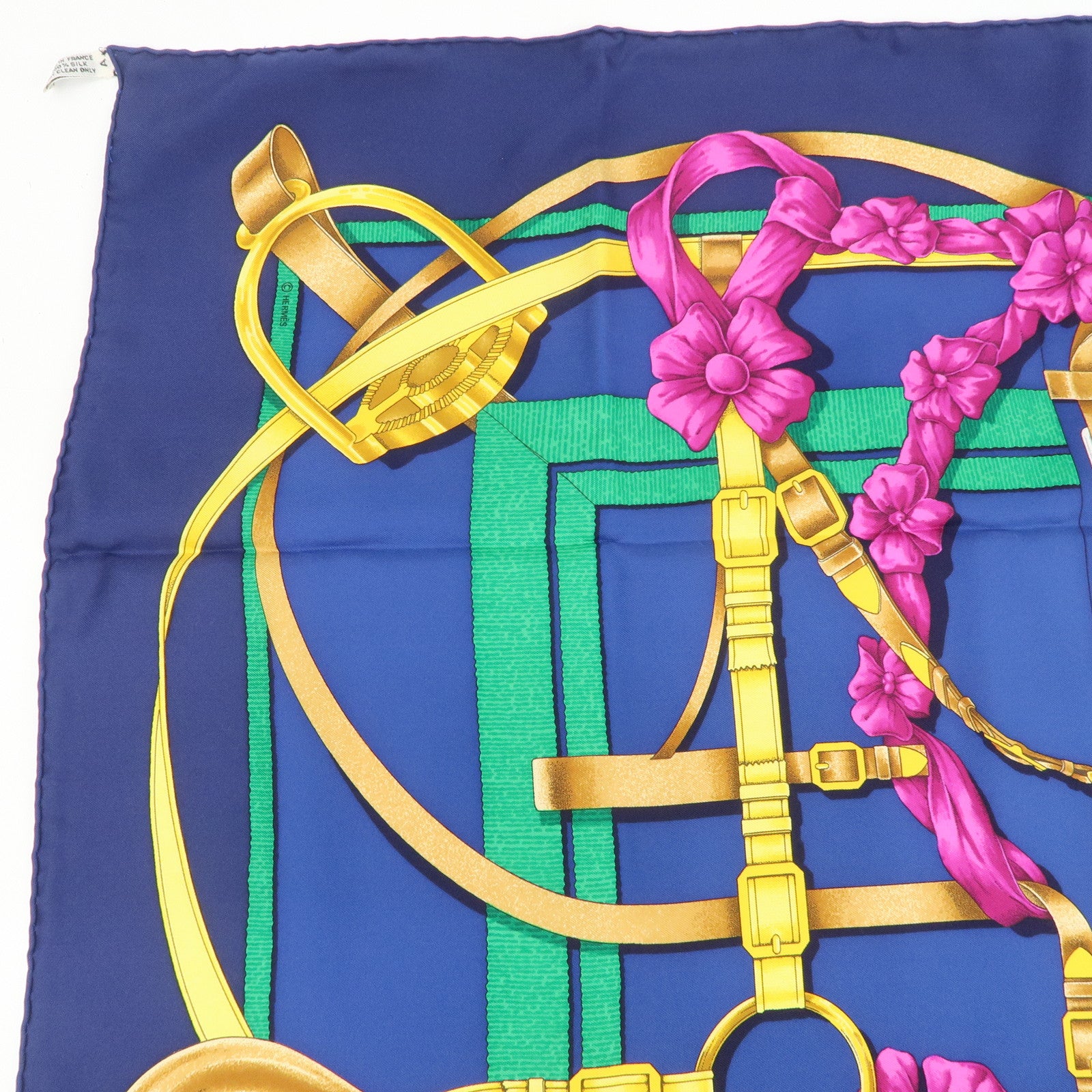 HERMES Carre 90 Silk 100% Grand Manege Scarf Navy Gold