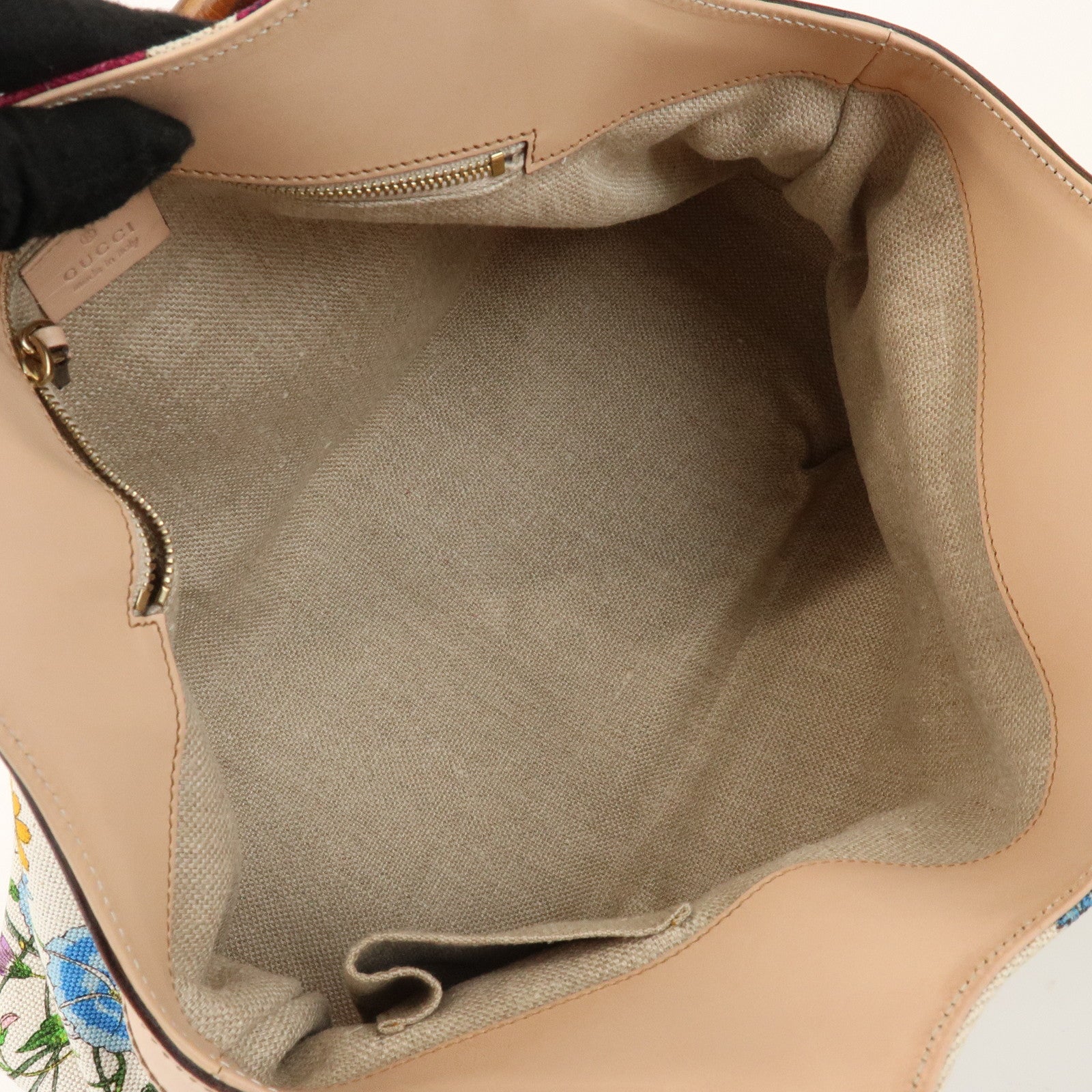 GUCCI Bamboo Flora Canvas Leather Hand Bag Multicolor Beige 137395
