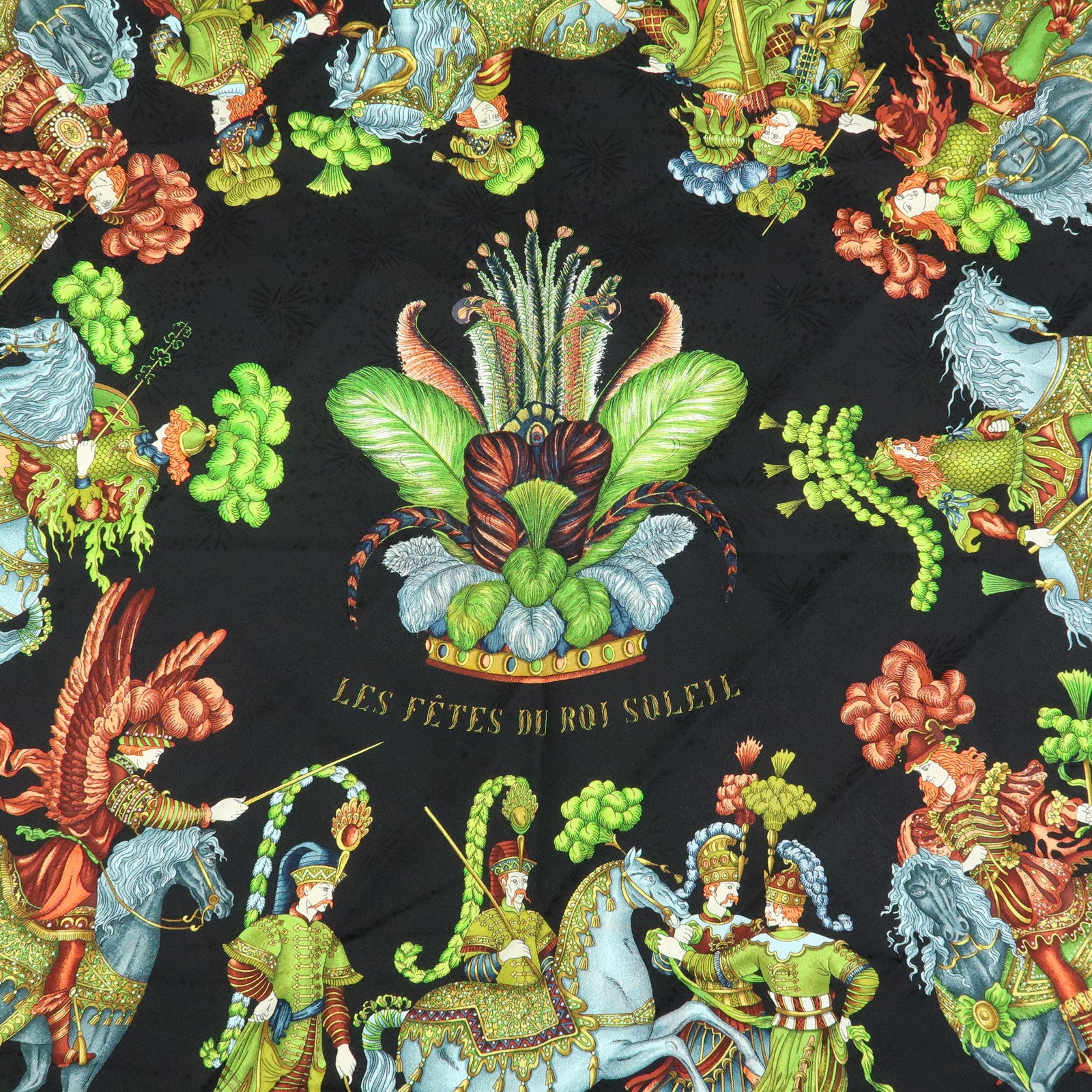 HERMES Carre 90 Silk 100% Scarf LES FETES DU ROI SOLEIL Black